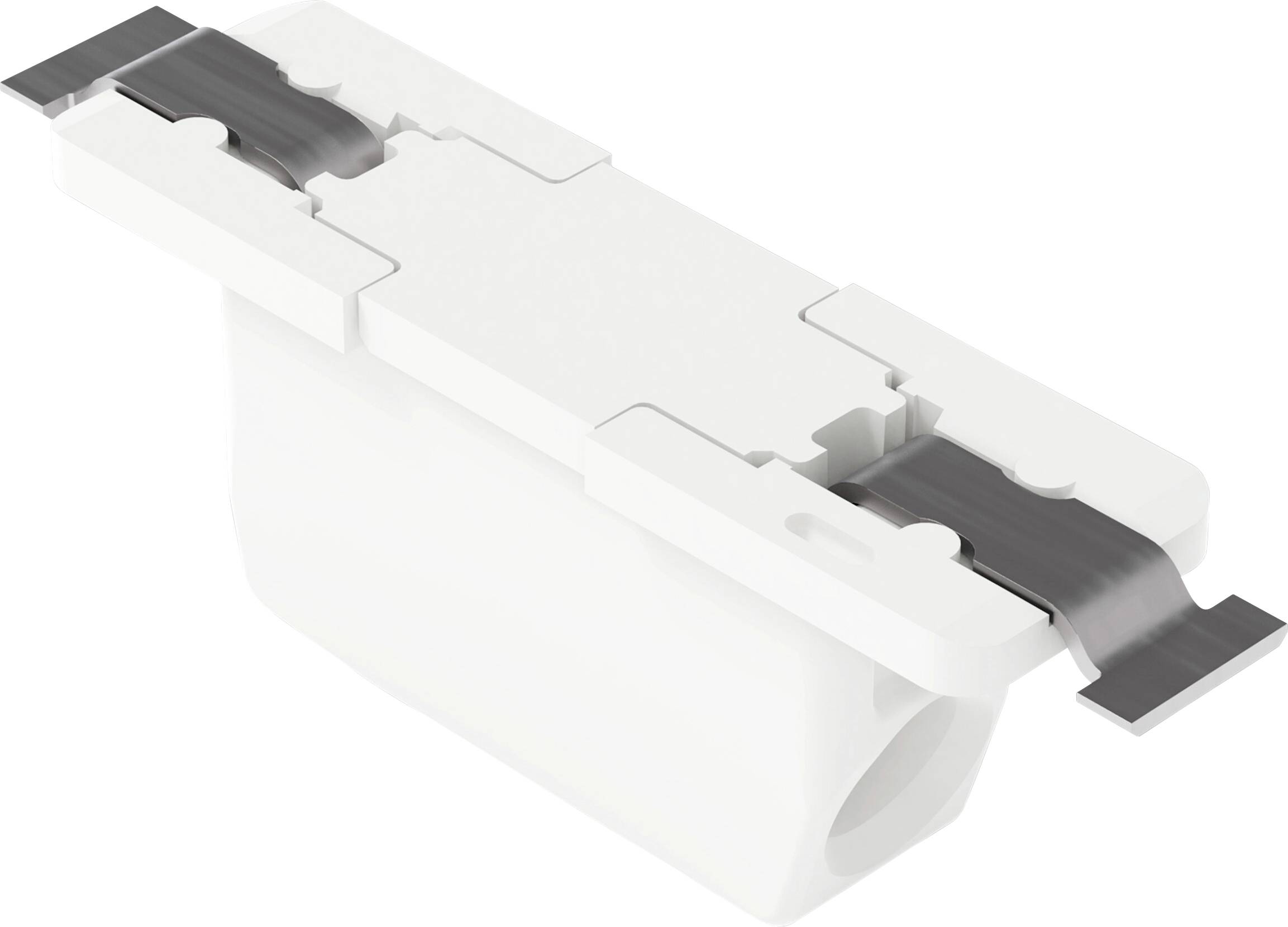 Ein weißer Kunststoff-Elektrostecker mit einem Metallstreifen auf jeder Seite, entwickelt zum sicheren Verbinden von elektronischen Bauteilen oder Leitungen.