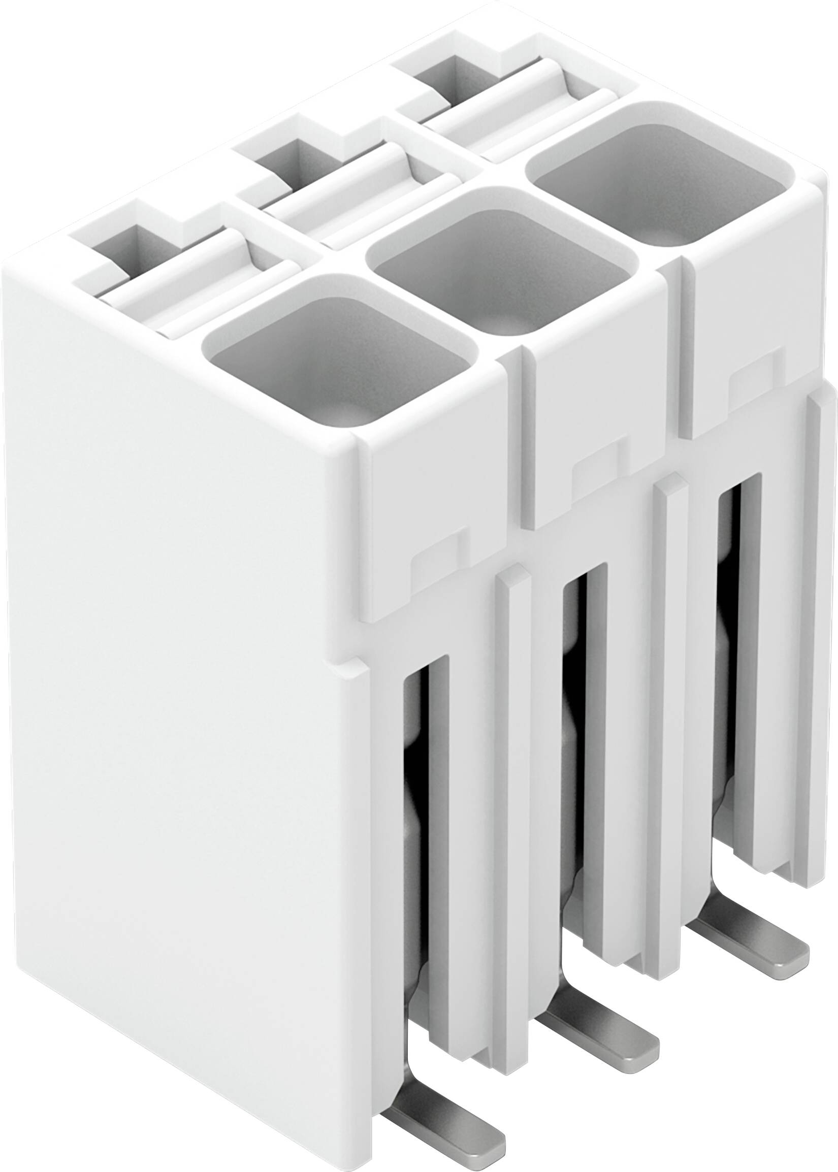 Ein weißer Kunststoff-Drei-Klemmen-Blockstecker für elektrische Verbindungen, der drei separate Schlitze mit Metallkontakten zeigt.