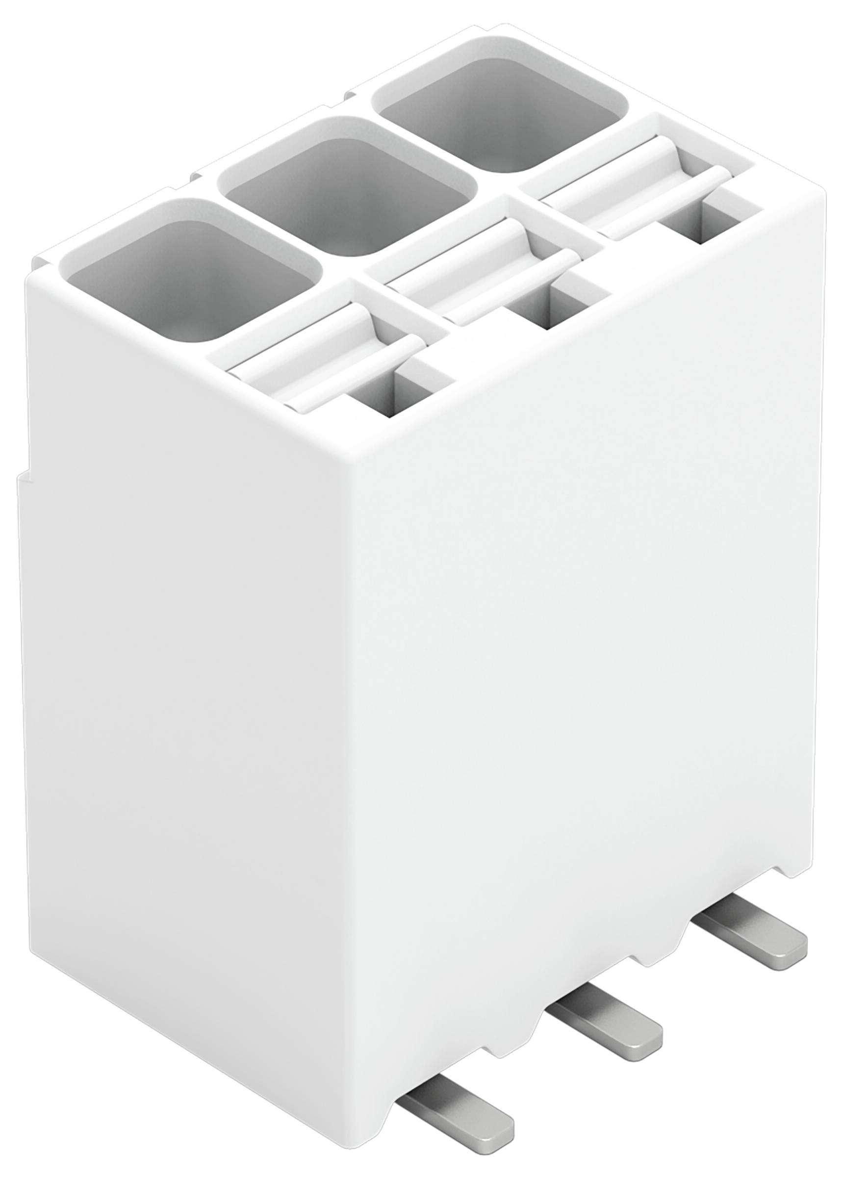 Ein weißer rechteckiger elektronischer Stecker mit mehreren Metallstiften wird gezeigt, der für Leiterplatten in elektronischen Geräten verwendet wird.