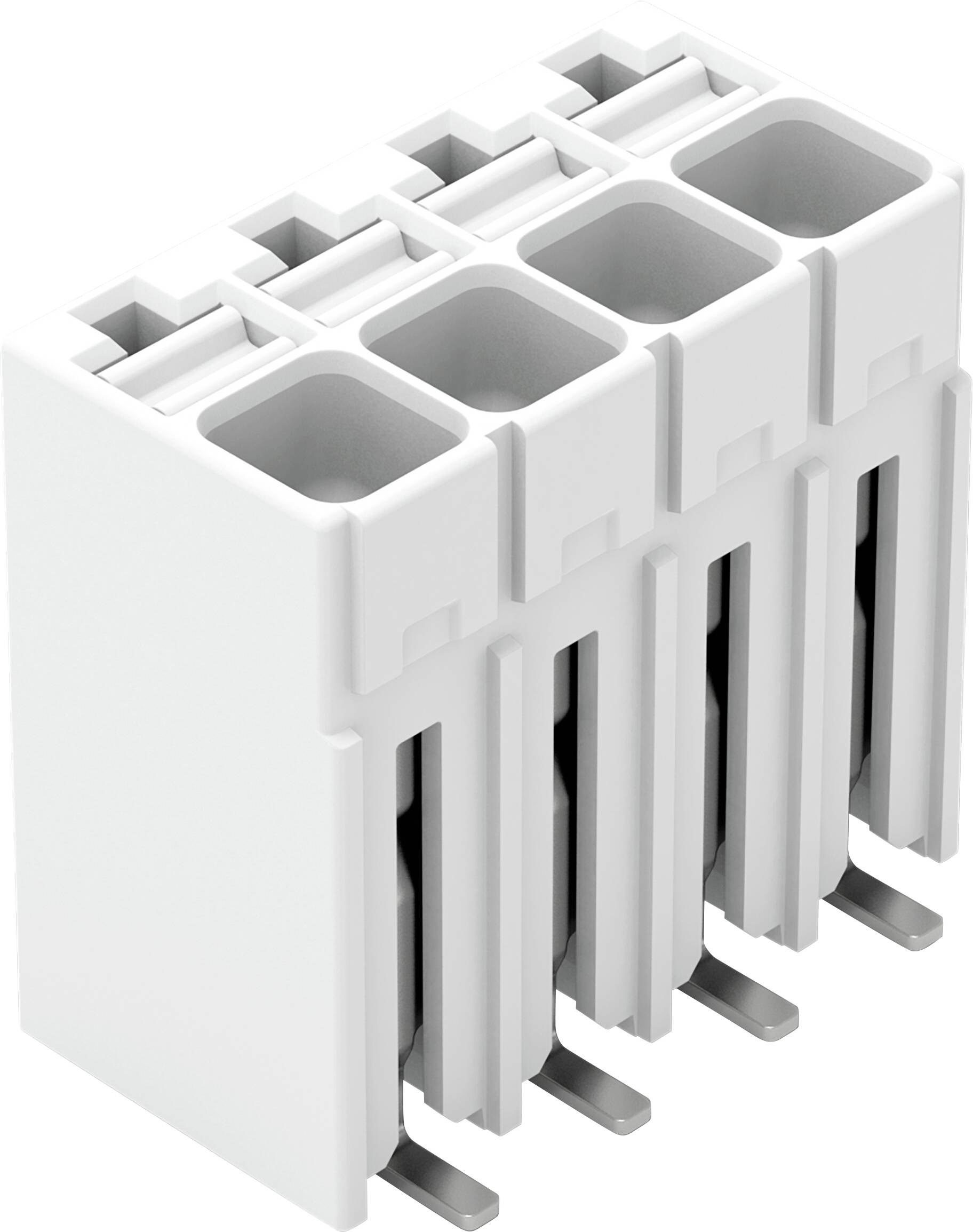 Ein weißer 5-poliger elektrischer Stecker mit rechteckiger Form und sichtbaren Metallstiften für Verkabelungsanwendungen.