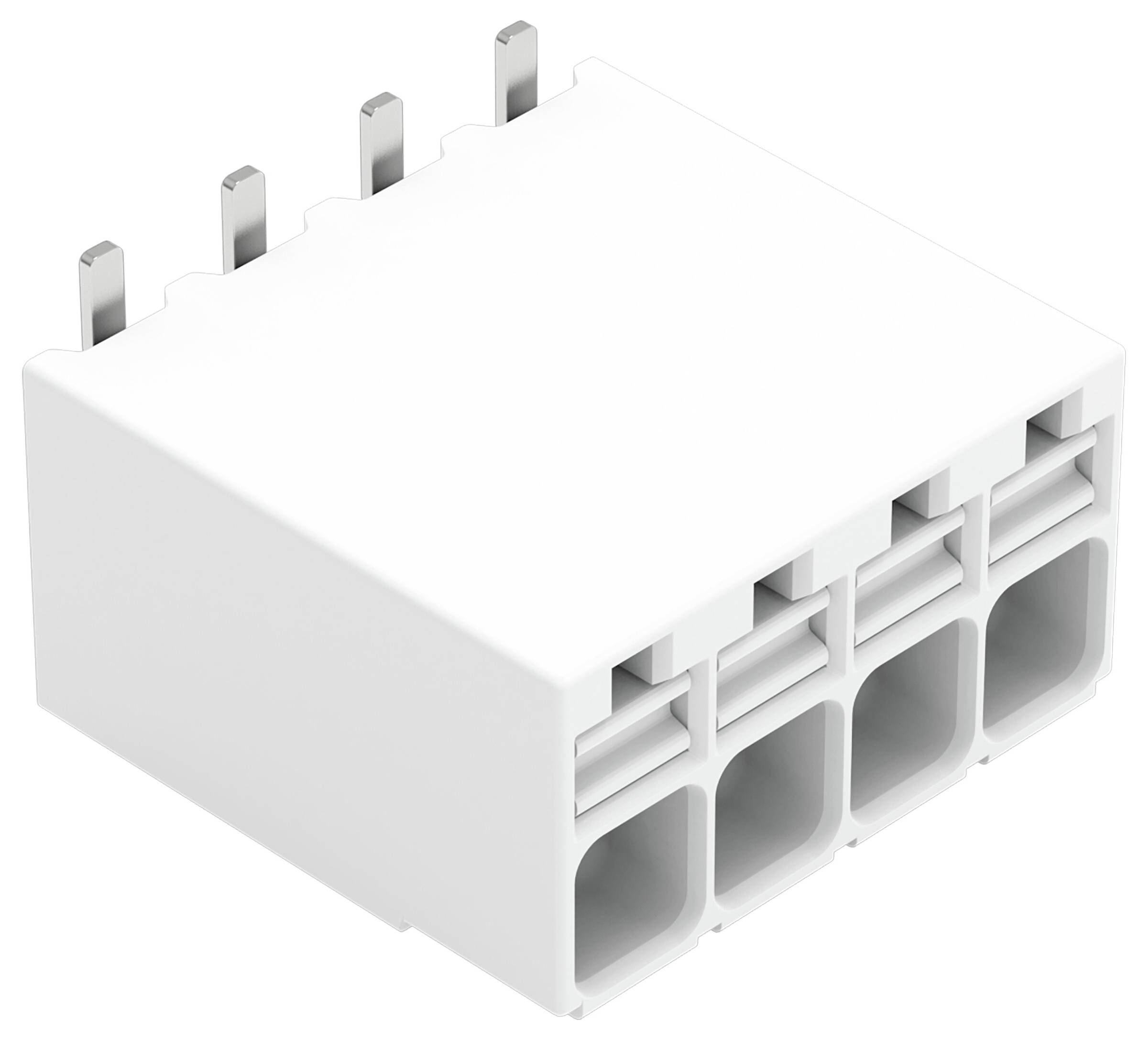 Ein weißer 4-poliger rechteckiger Stecker mit Metallkontakten, verwendet für elektrische Verbindungen.