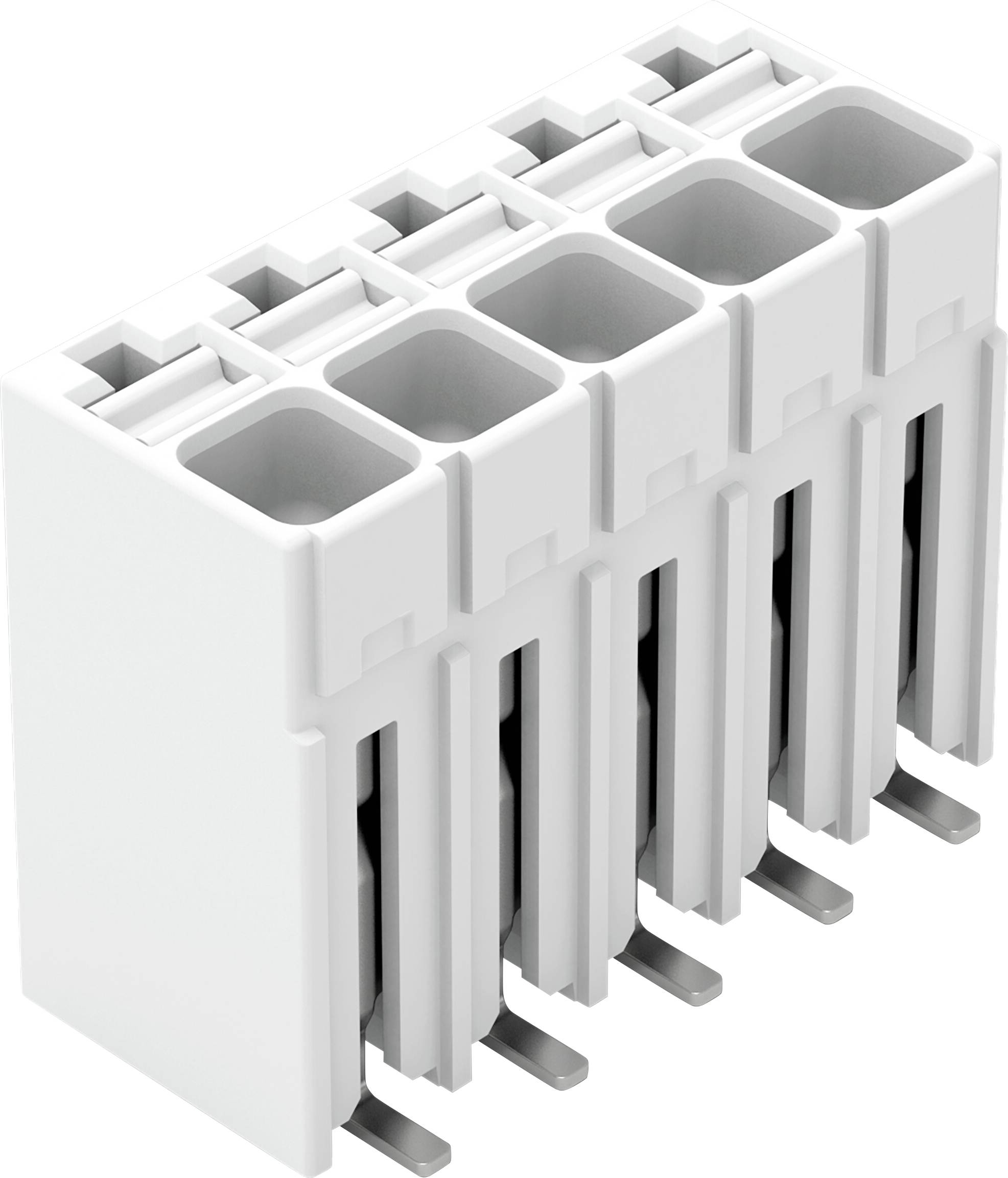 Ein weißer elektrischer Stecker mit fünf Stiftkontakten, die vertikal angeordnet sind.
