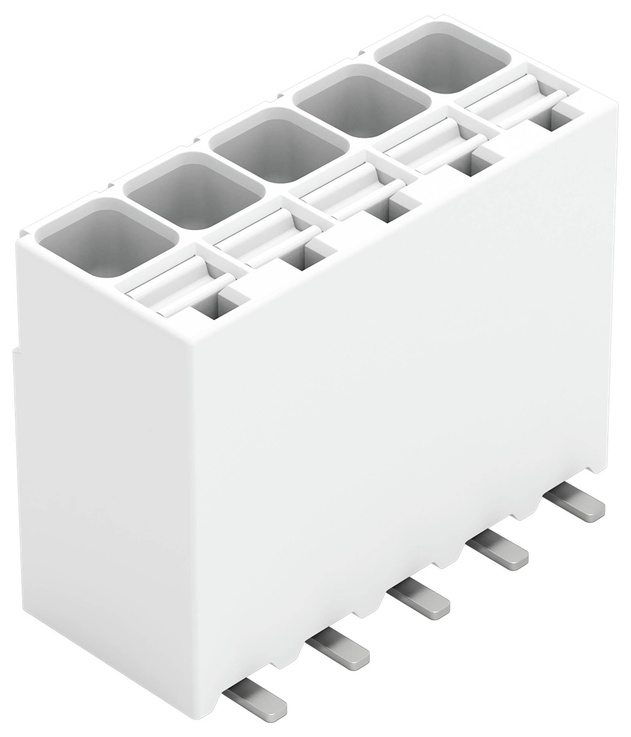 Ein weißer, sechspoliger Elektrostecker mit Metallkontakten; wird für Schaltverbindungen in elektronischen Geräten verwendet.
