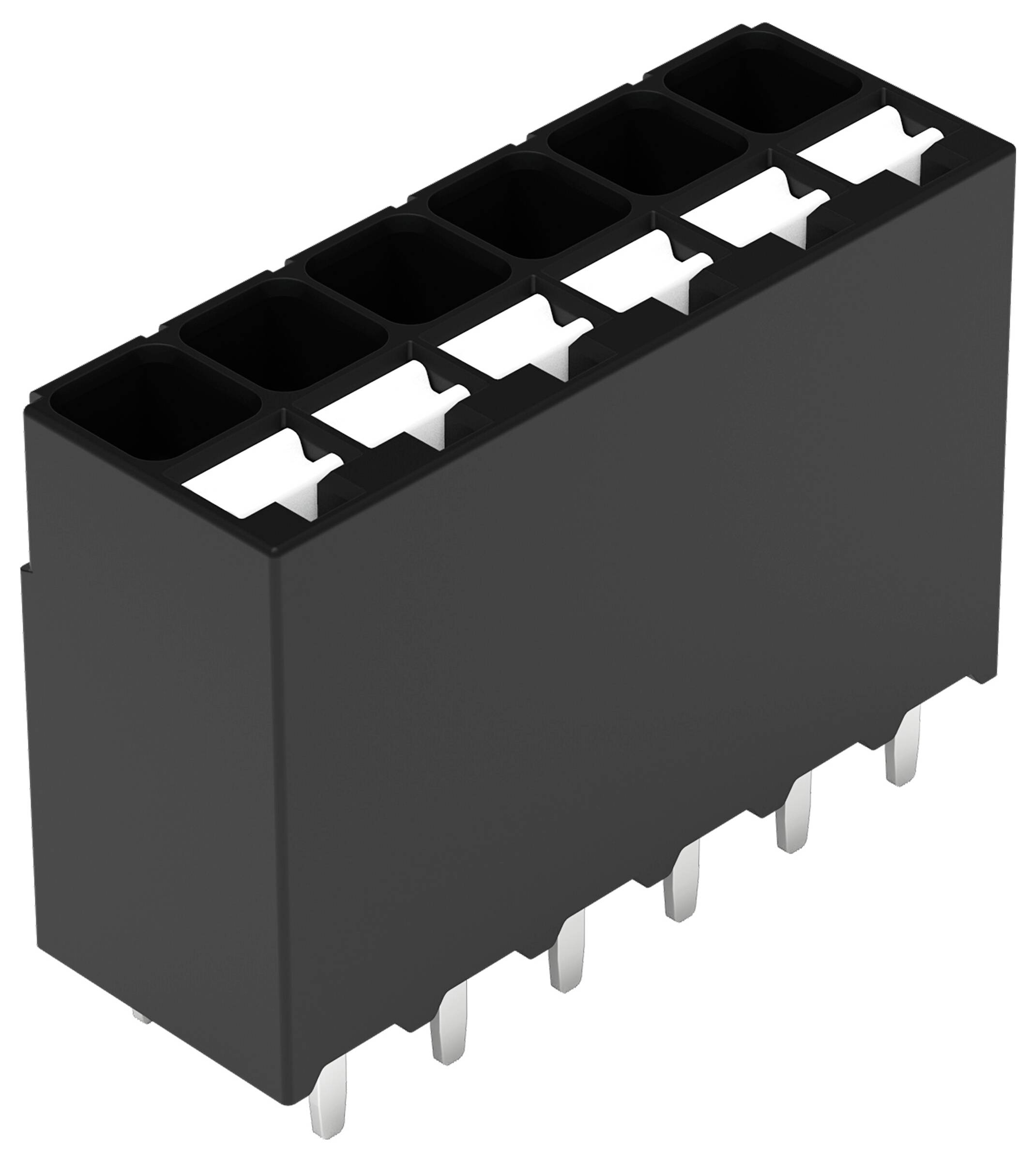 Ein schwarzer rechteckiger elektronischer Steckverbinder mit mehreren Buchsenkontakten, konzipiert für die Integration in Leiterplatten.
