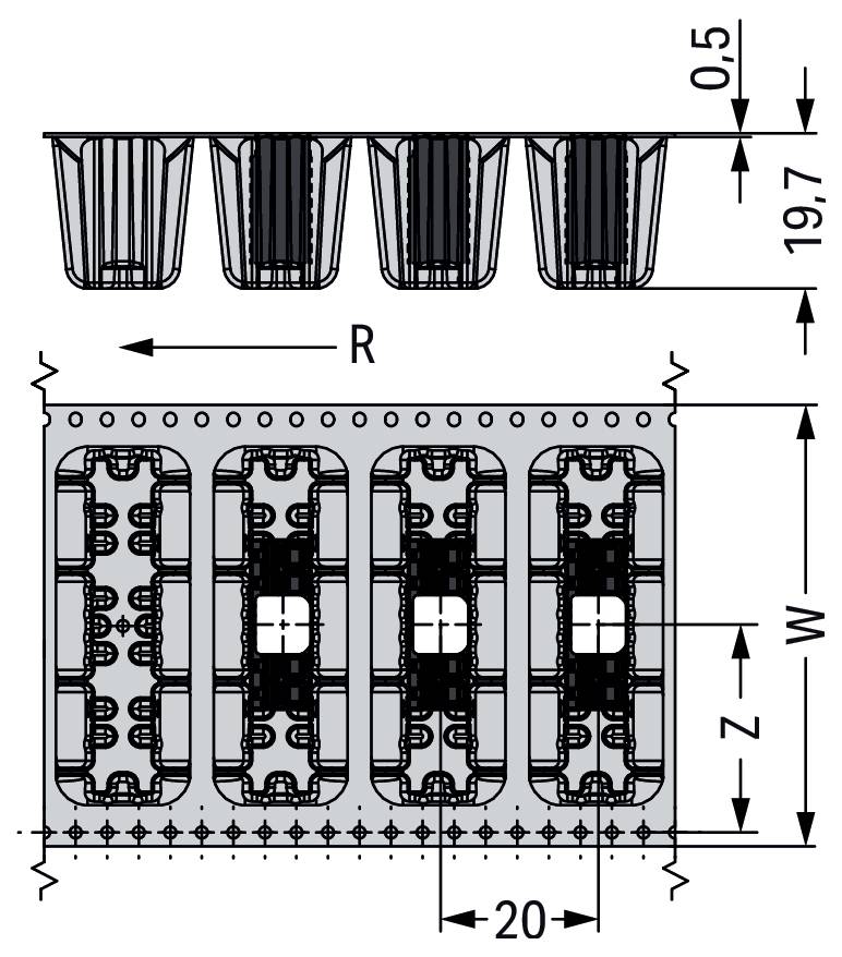 Technisches Diagramm einer Schutzvorrichtung mit Abmessungen: Höhe 19,7, Breite mit W bezeichnet, Tiefe 20. Zeigt Detailansicht mit Messwerten R, Z, 0,5.