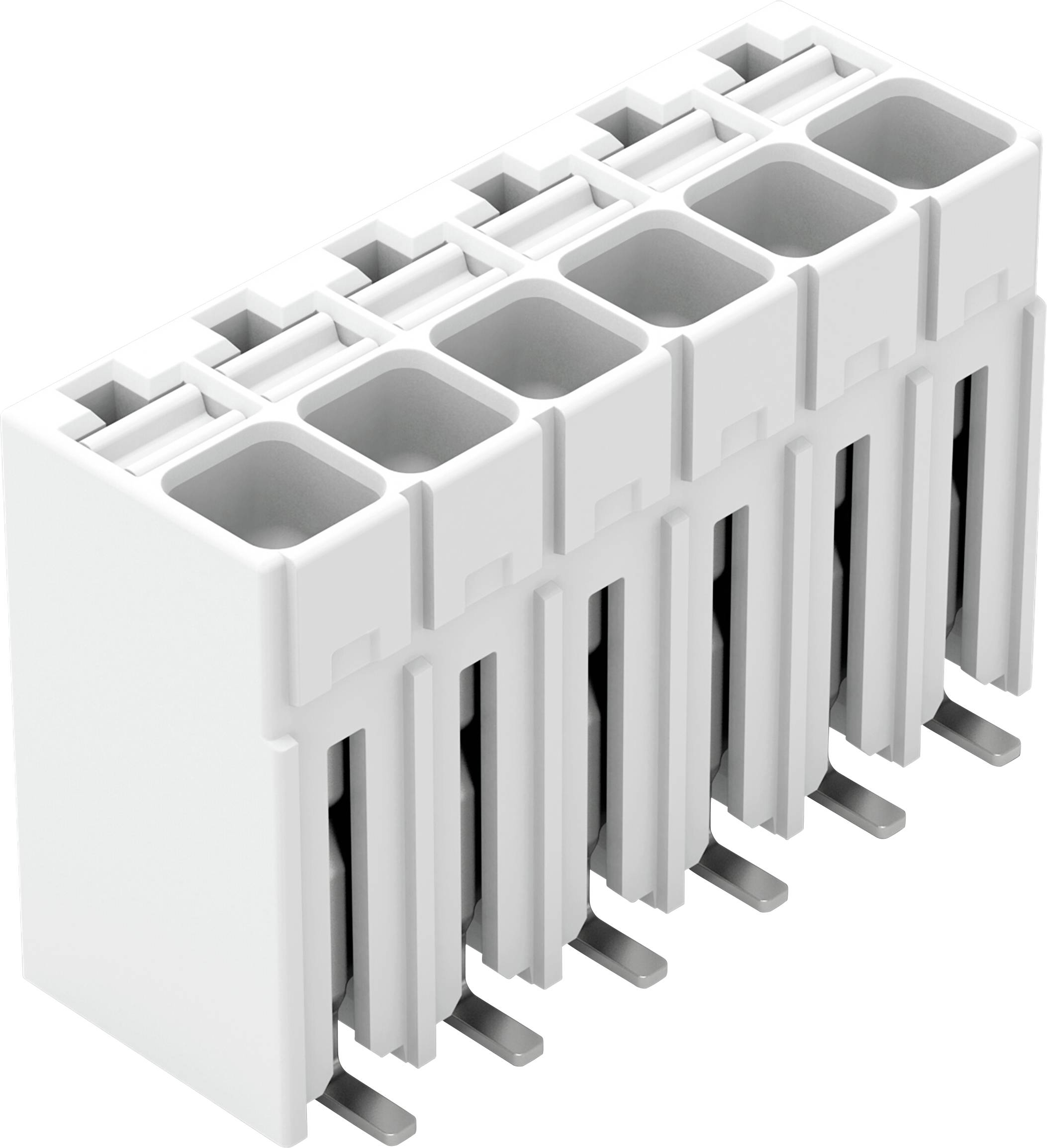 Ein weißer, rechteckiger 8-poliger Elektrostecker mit Metallkontakten, aus einem Winkel betrachtet, zur Verwendung in elektronischen Geräten.