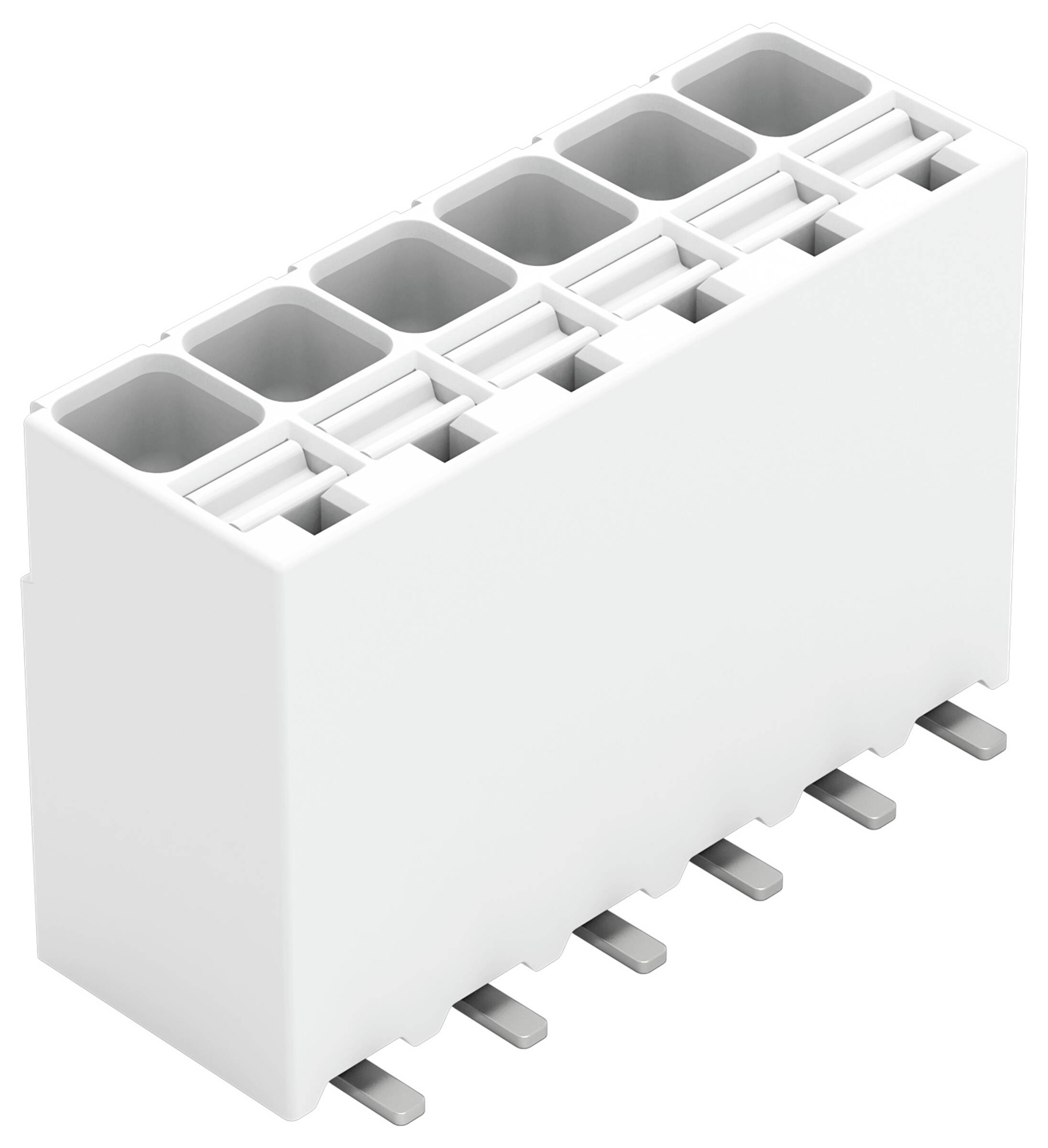 Ein weißer rechteckiger elektrischer Stecker mit acht rechteckigen Buchsen, ausgelegt zum Anschließen von Drähten, aus einem Winkel gezeigt.