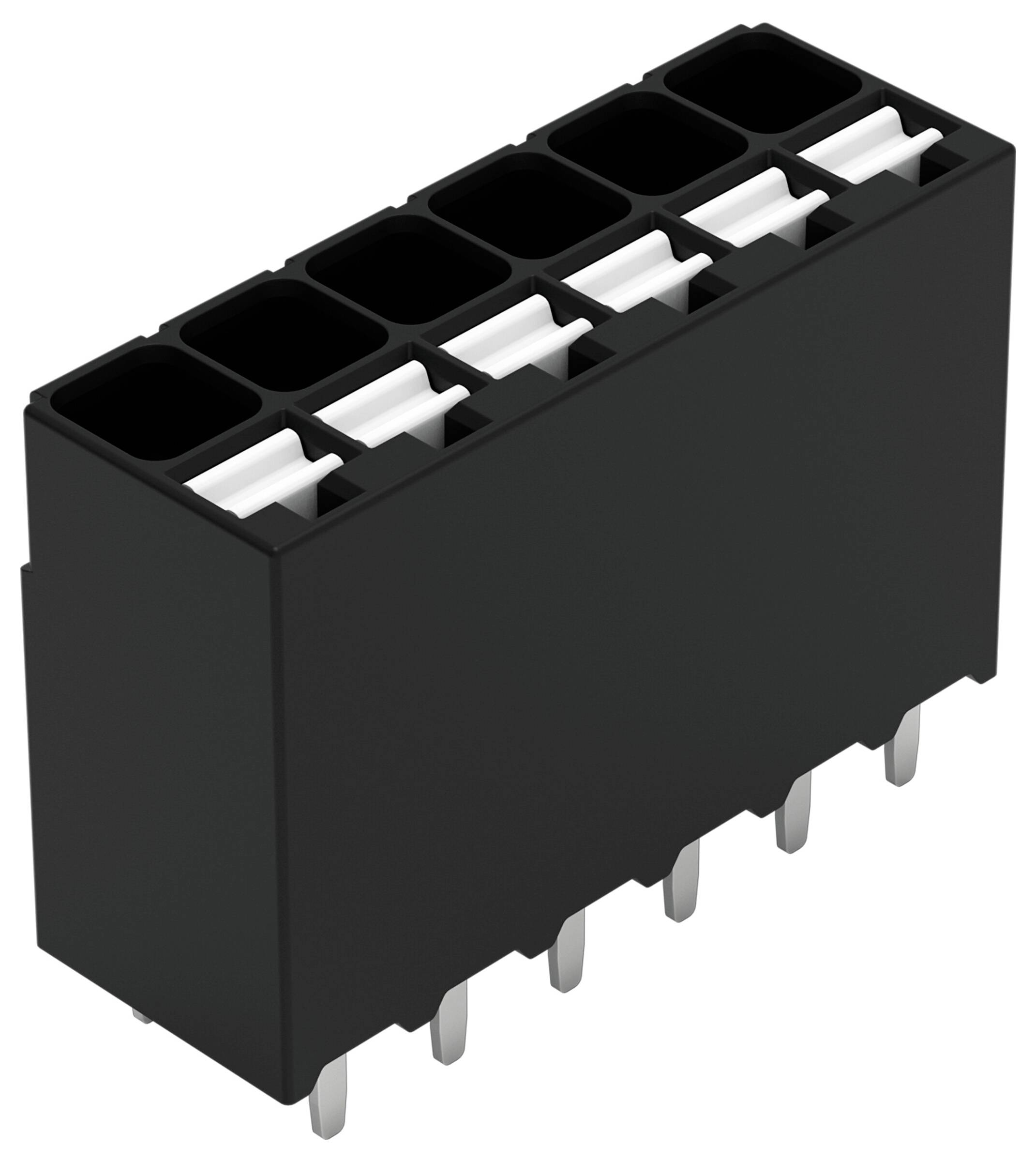 Ein schwarzer, mehrpinliger Elektrostecker mit rechteckiger Form, der mehrere Schlitze und Metallstifte an der Basis für Schaltungsverbindungen aufweist.