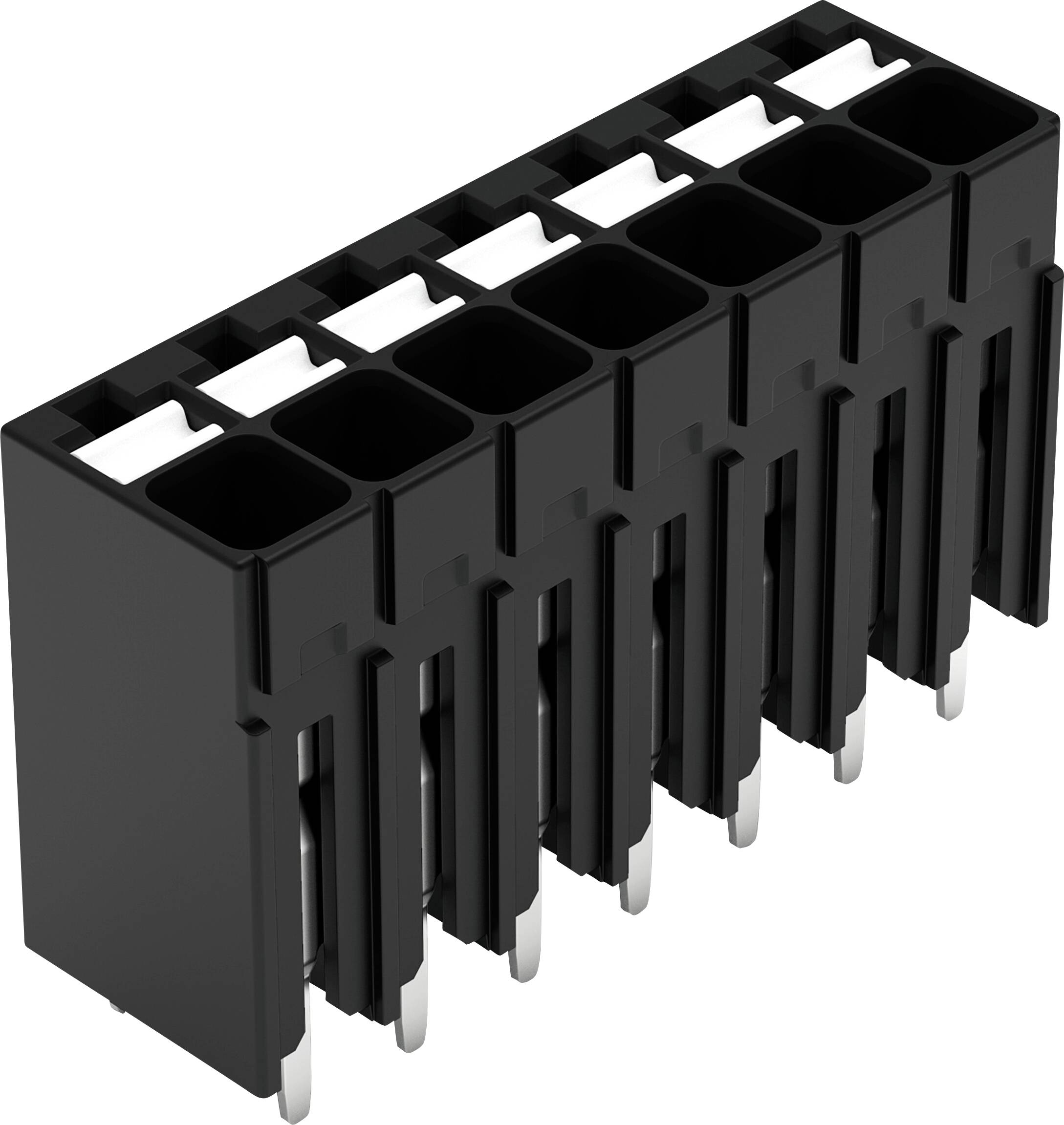 Schwarzer 8-poliger weiblicher Steckverbinder mit vertikal ausgerichteten Pins für elektronische Leiterplatten.