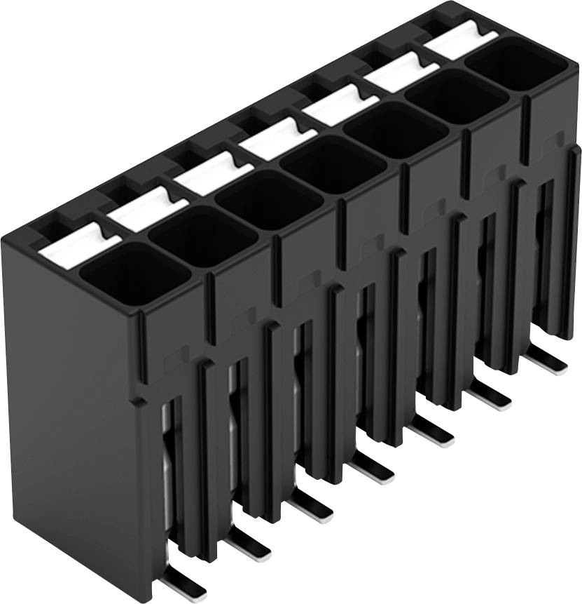 Steckverbinder: 10-poliges schwarzes Kunststoffteil, geeignet für elektronische Schaltungen. Seitliche Schlitze erleichtern Verbindungen, Stifte sind von unten sichtbar.