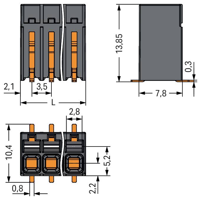 Dreiansicht-Technische Zeichnung eines elektrischen Steckers mit Abmessungen: Breite 7,8 mm, Höhe 13,85 mm und Tiefe 10,4 mm.