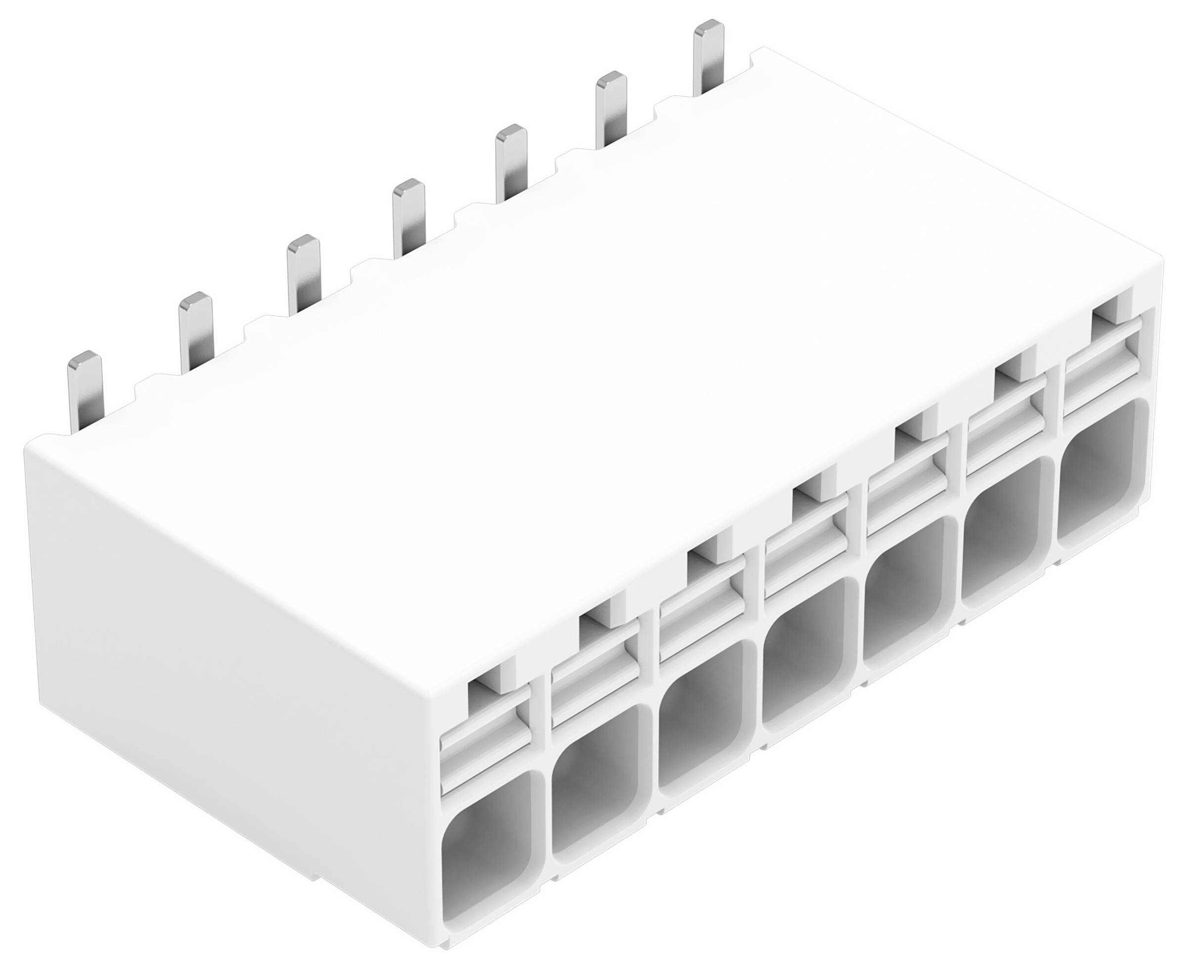 Achtpoliger weißer Elektrostecker mit Metallkontakten, verwendet für Verkabelung und elektronische Geräte.