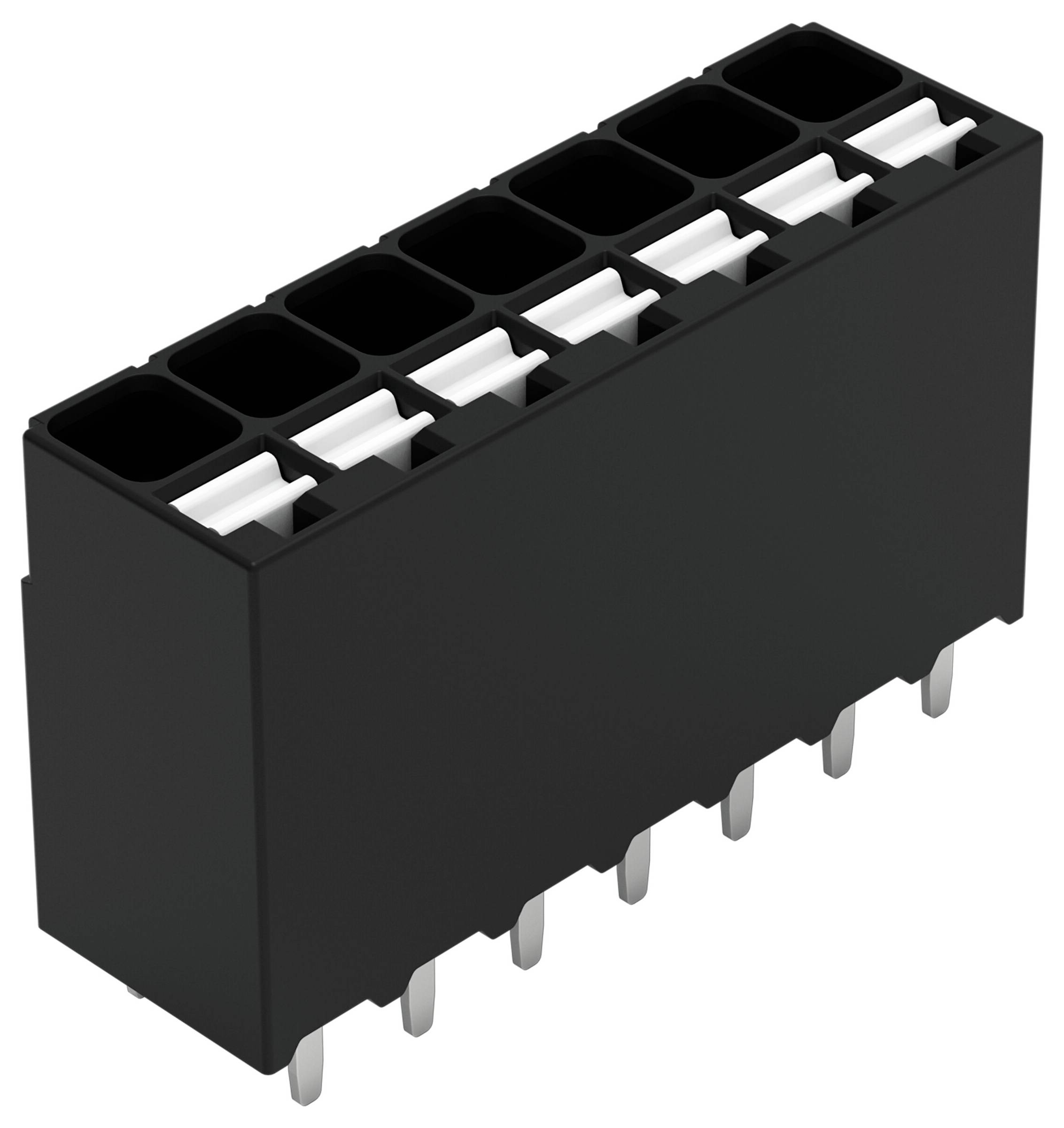 Ein schwarzer rechteckiger elektronischer Steckverbinder mit acht Pinreihen, der zum Verbinden von Leiterplatten verwendet wird.