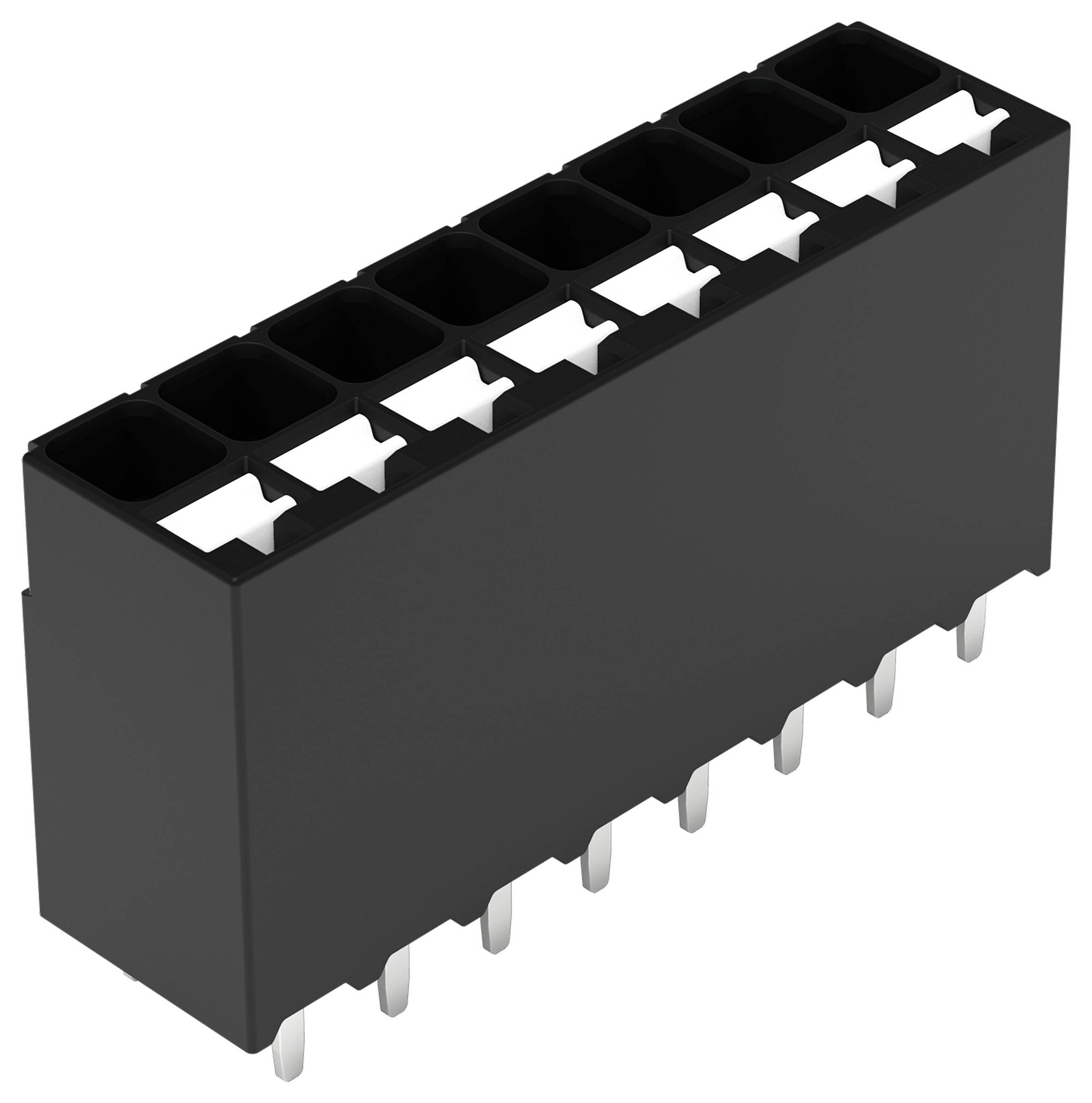 Ein schwarzer rechteckiger elektronischer Stecker mit mehreren Stiften an der Unterseite und mehreren Schlitzen an der Oberseite, der für die Schaltungsintegration verwendet wird.