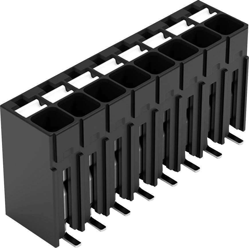Eine Reihe von acht schwarzen rechteckigen Steckverbindern mit Metallkontakten an der Unterseite, die für Elektronik-Leiterplattenbefestigungen verwendet werden.