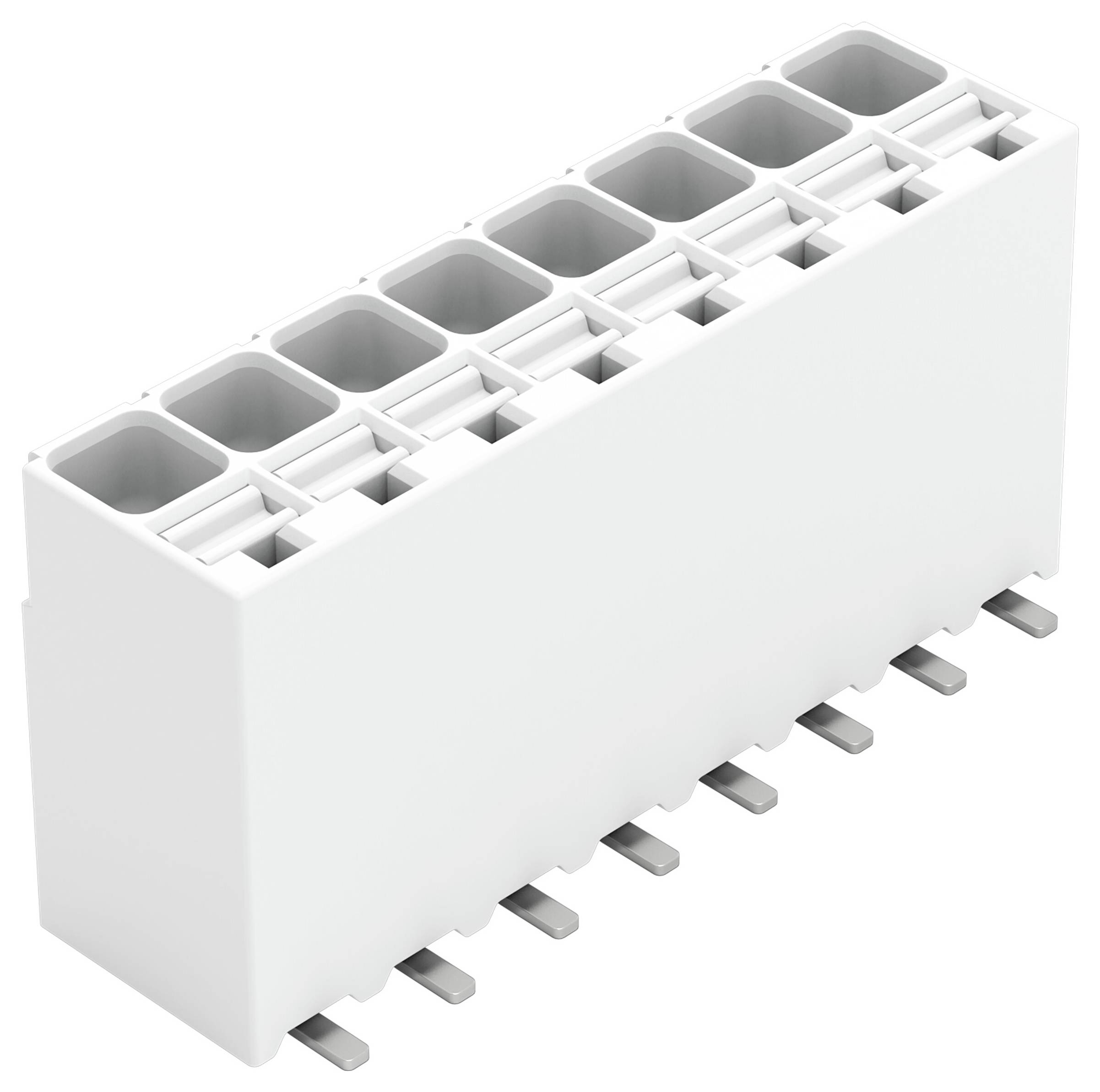 Weiße elektronische Steckverbindung mit mehreren Schlitzen und Metallstiften, Schrägansicht, wird zum Verbinden von Schaltkreisen oder Komponenten verwendet.