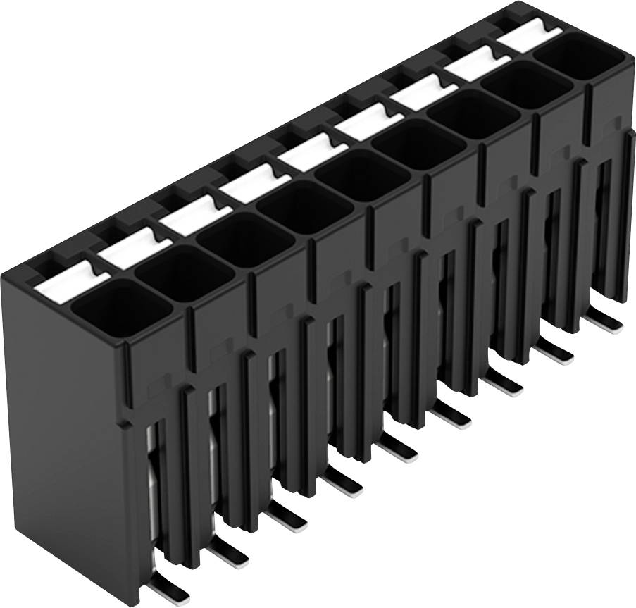 Ein schwarzer rechteckiger elektronischer Stecker mit mehreren Steckplätzen, wird für Leiterplattenvebindungen verwendet.