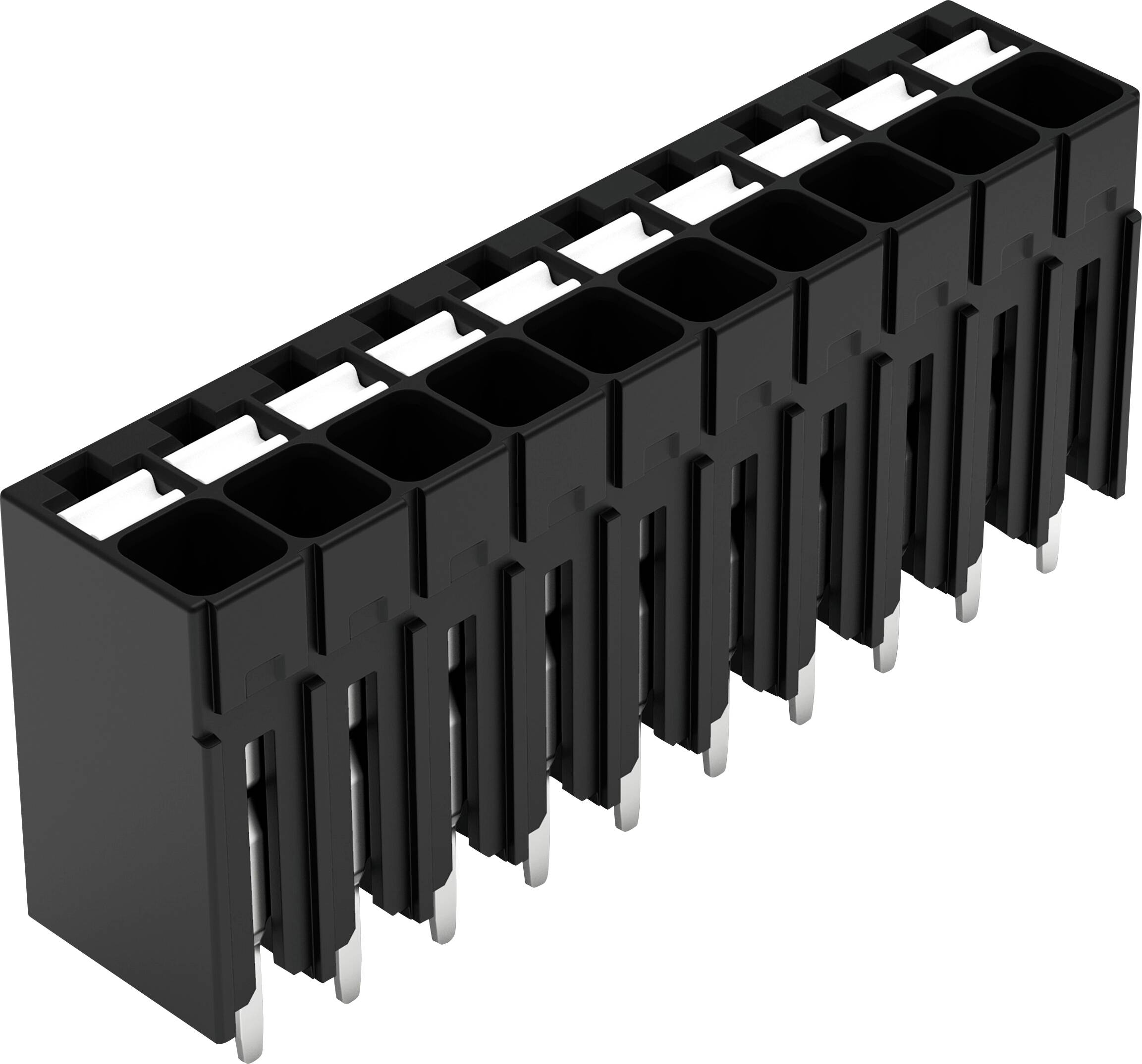 Ein schwarzer Kunststoff-Stiftleisten-Stecker mit mehreren vertikalen Stiften, der für elektronische Leiterplatten verwendet wird.