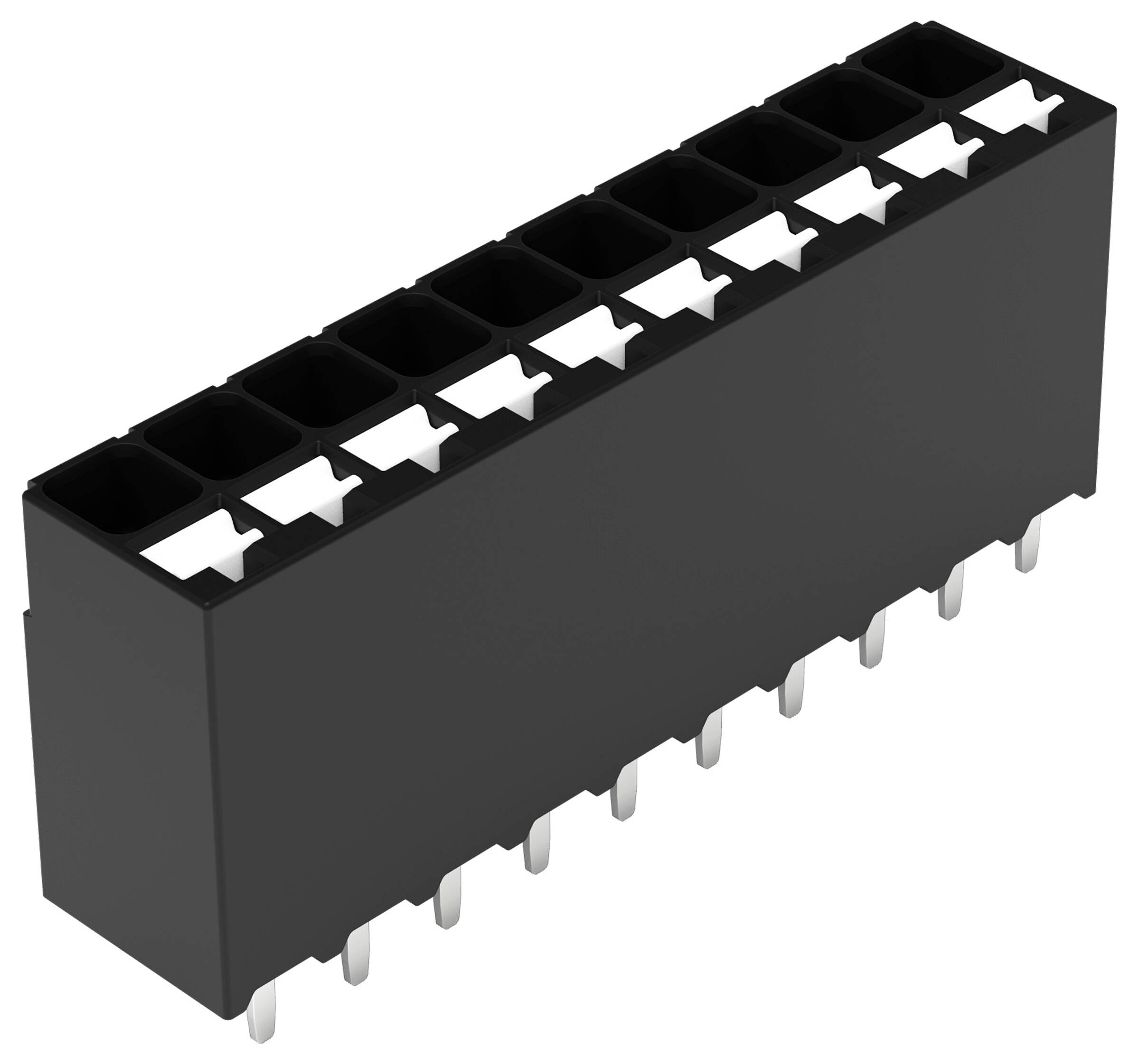 Ein schwarzer rechteckiger elektronischer Stecker mit mehreren Schlitzen und Stiften, der zum Einstecken in eine Leiterplatte ausgelegt ist, dargestellt auf weißem Hintergrund.