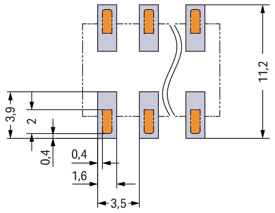 Technisches Diagramm, das das Komponentenlayout mit Abmessungen zeigt: 11,2 Höhe, 3,5 Abstand, verschiedene weitere Messungen für die Struktur notiert.