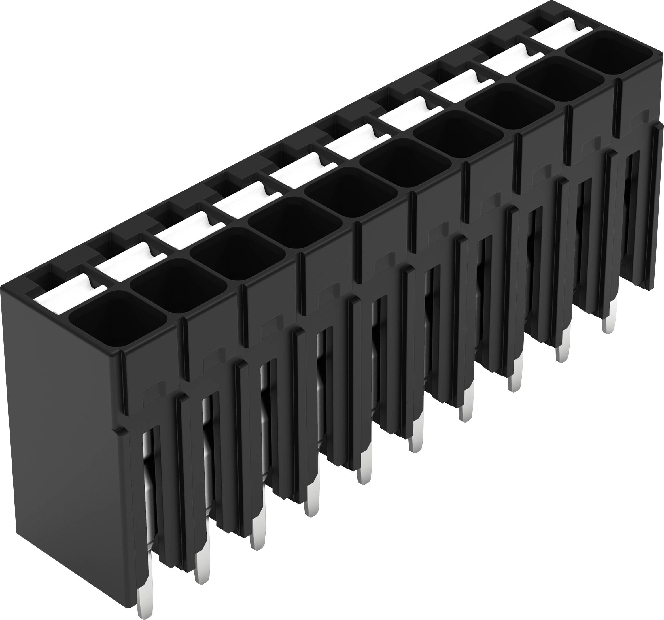 Ein schwarzer 12-polig weiblicher Steckverbinder mit silbernen Kontakten, entworfen für elektronische Leiterplatten.