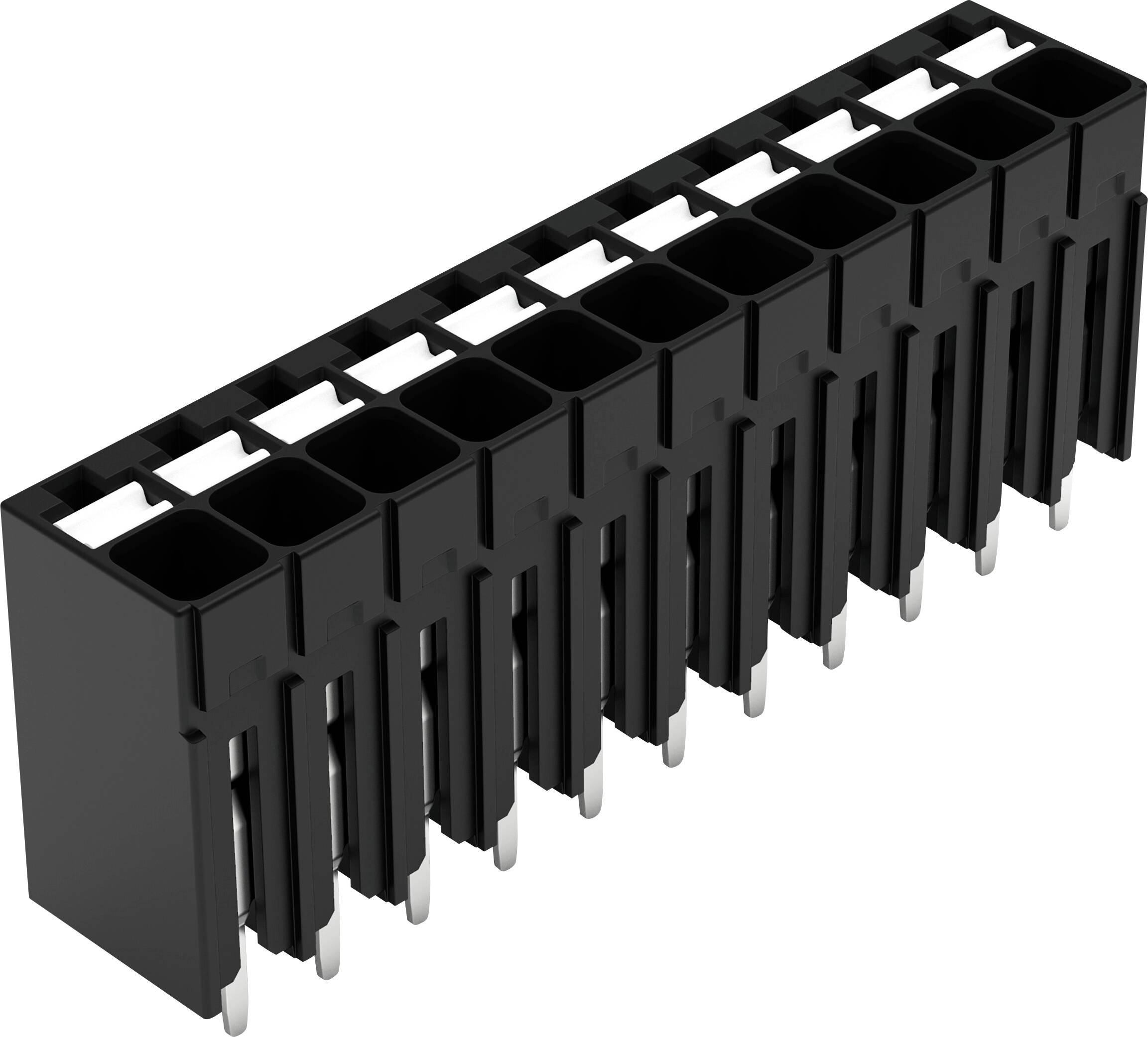 Schwarze 16-polige Doppelreihen-Buchsenleiste mit Metallkontakten, verwendet für elektronische Leiterplatten, in schrägem Winkel auf weißem Hintergrund gezeigt.