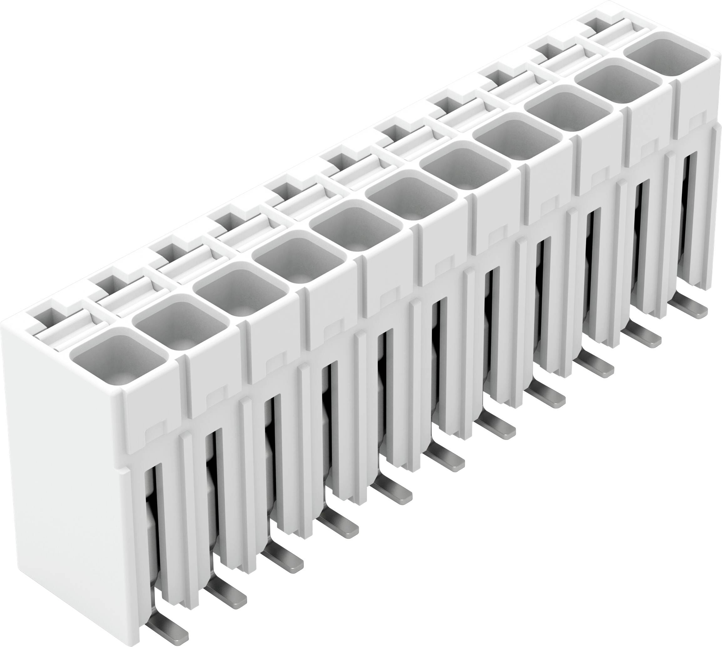 Ein weißer Kunststoff-Klemmenblock mit mehreren Schlitzen und Metallverbindern, entwickelt für elektrische Verdrahtung und Verbindungen.