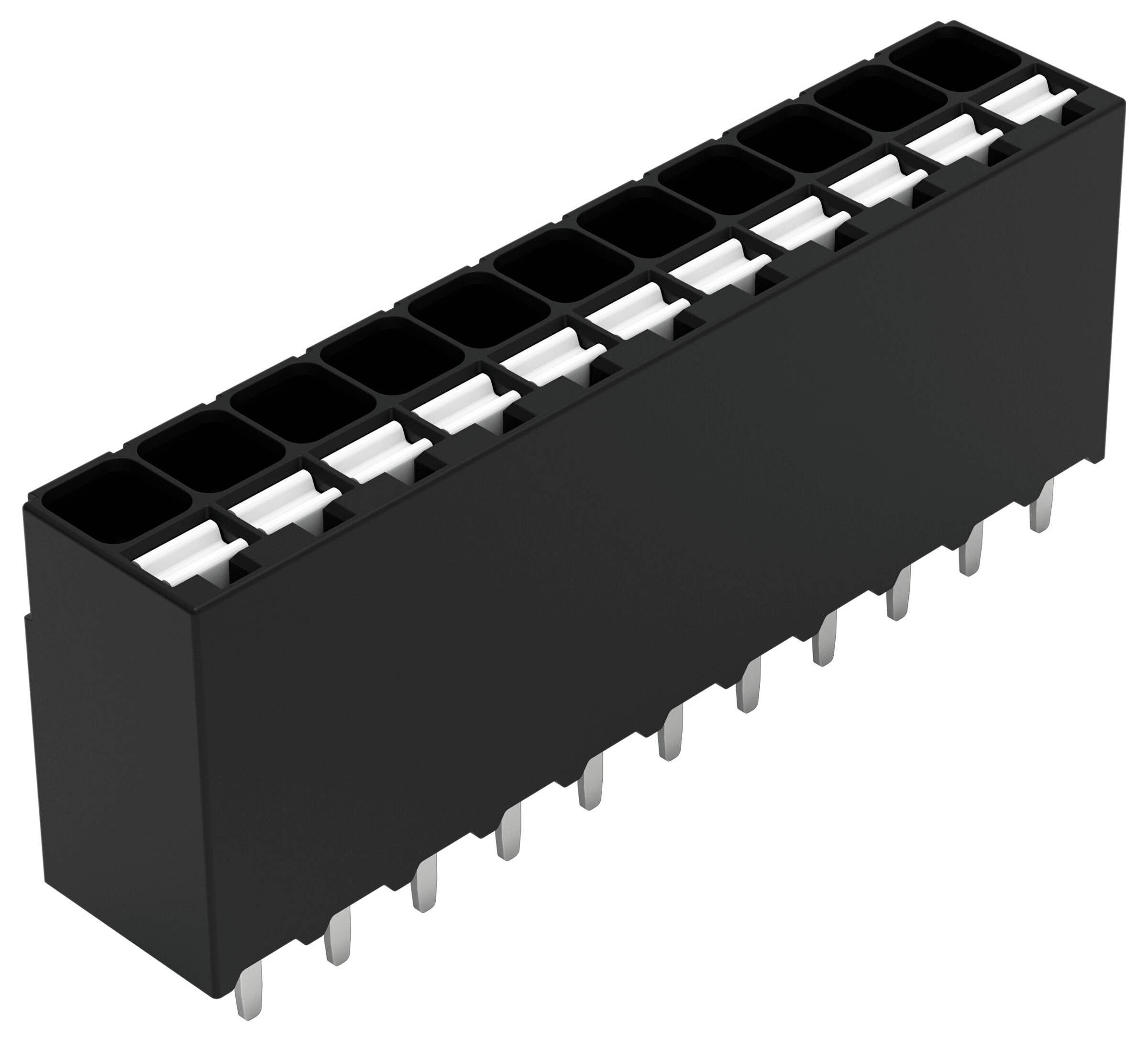 Ein schwarzer rechteckiger Dual-Row-24-Pin-Elektrischer Stecker mit sichtbaren Metallstiften auf der Unterseite, verwendet für elektronische Schaltungsverbindungen.