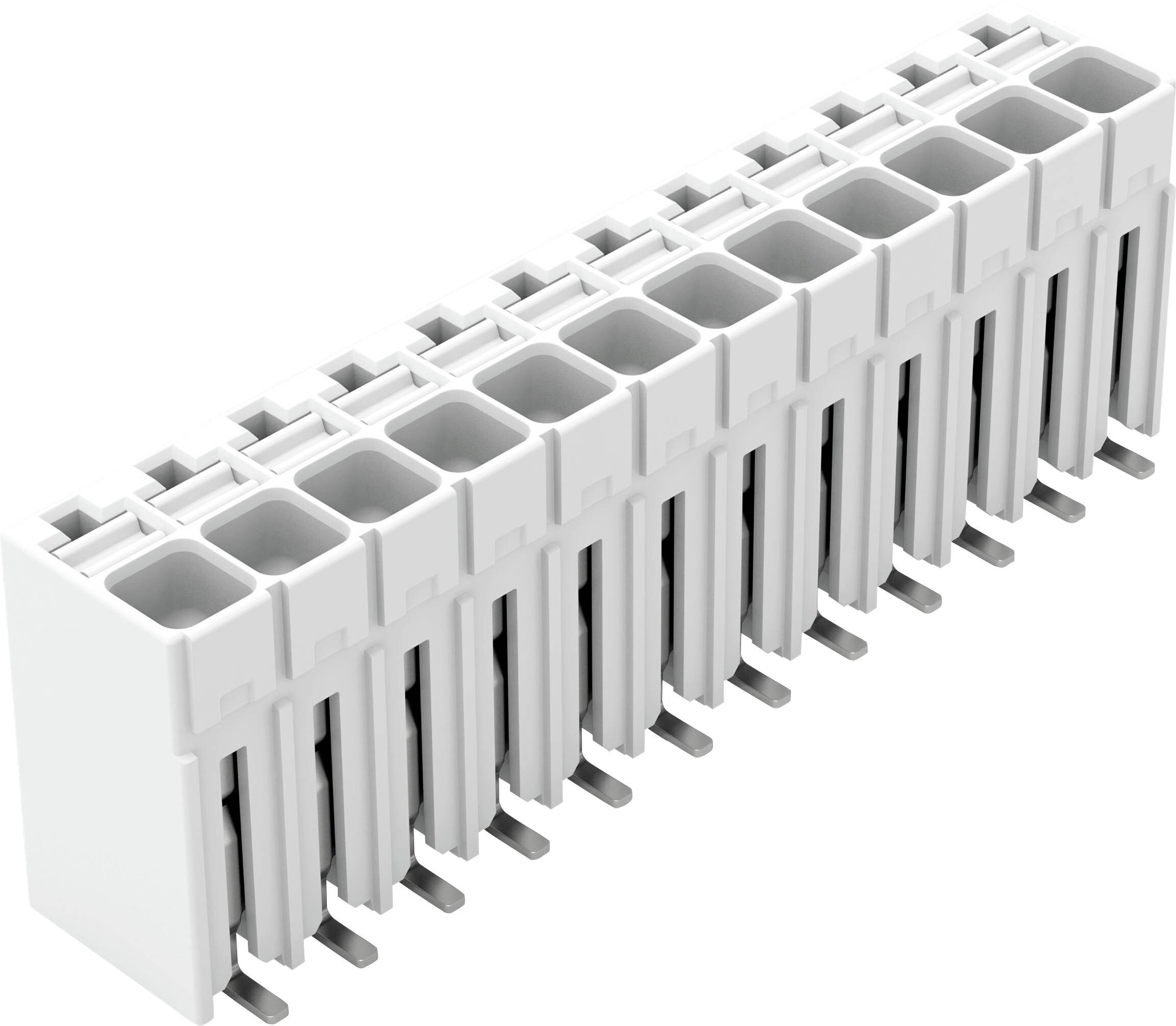Eine Nahaufnahme eines weißen, mehradrigen elektrischen Steckers mit 12 Schlitzen zur Drahteinführung, der in Leiterplattenanwendungen verwendet wird.