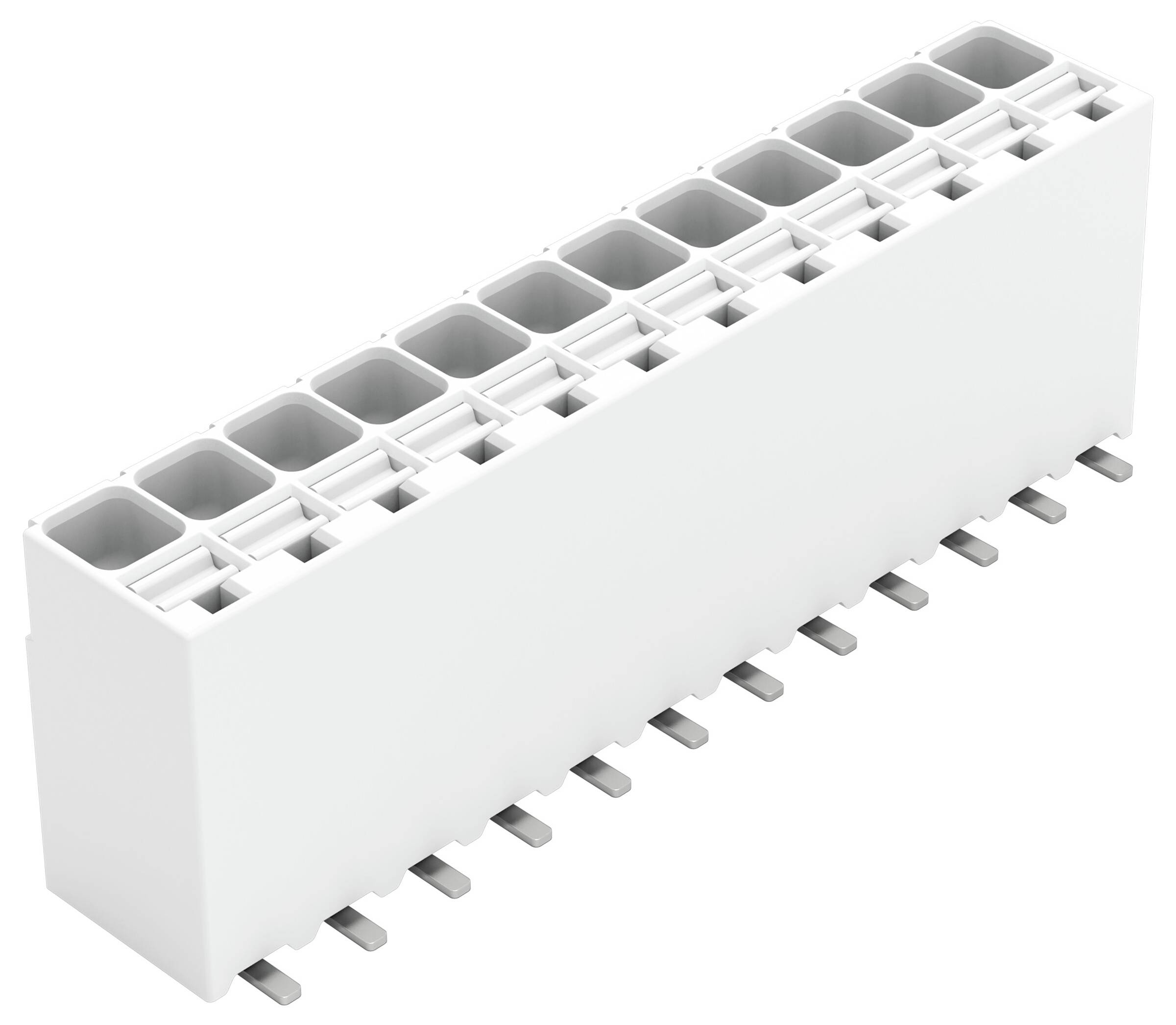 Ein weißer rechteckiger elektrischer Stecker mit mehreren Metallkontakten, der zum Befestigen und Verbinden von Kabeln in elektronischen Geräten verwendet wird.