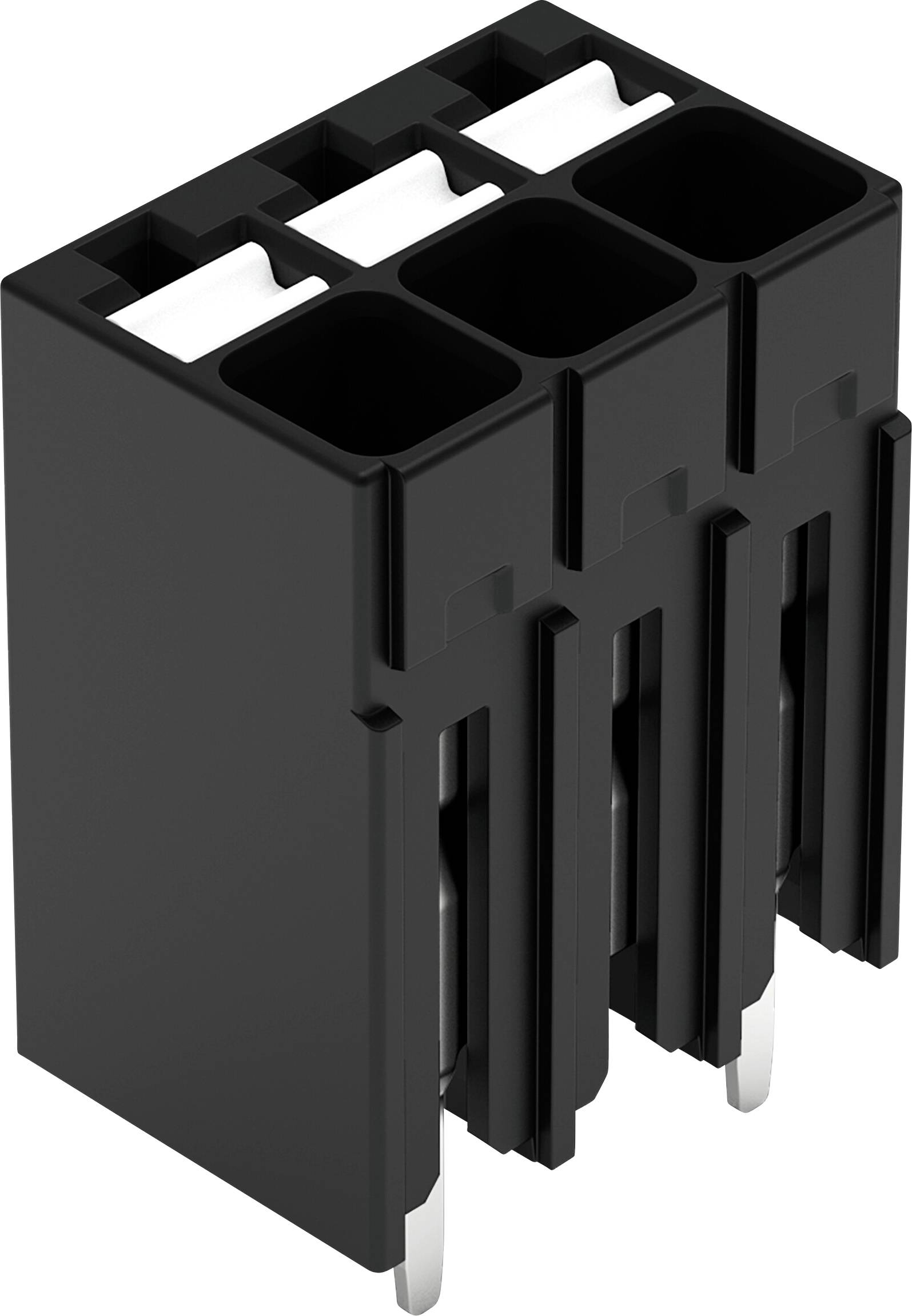 Schwarzer Elektrostecker mit drei Buchsen, schrägansicht zeigt Metallstifte, verwendet zum Verbinden von Komponenten in elektronischen Geräten.