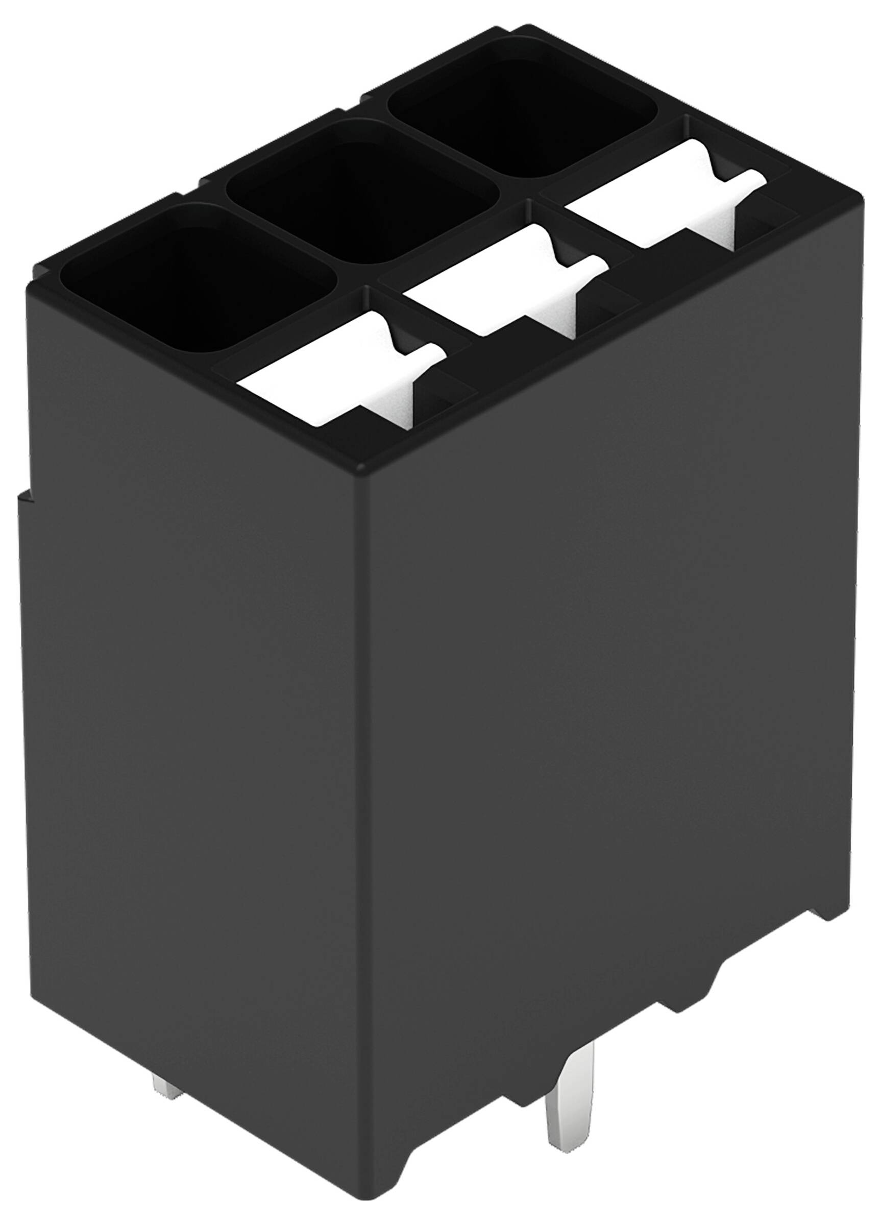 Schwarzes rechteckiges Kunststoff-Elektronikkomponente mit vier Steckeröffnungen und Metallstiften darunter, verwendet für elektrische Verbindungen.