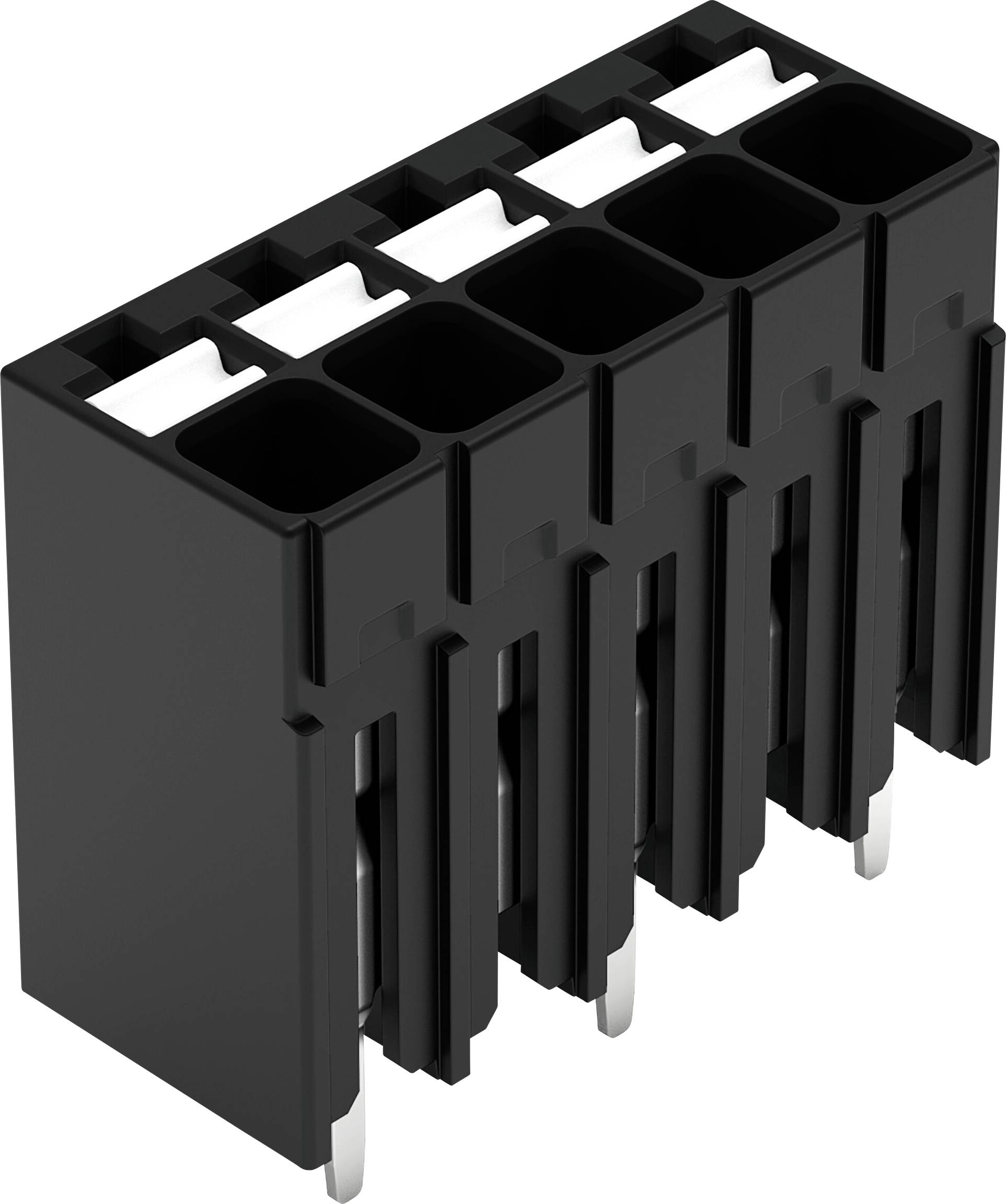 Ein schwarzer, rechteckiger Elektrostecker mit fünf Steckplätzen, von denen jeweils Metallstifte nach unten herausragen.