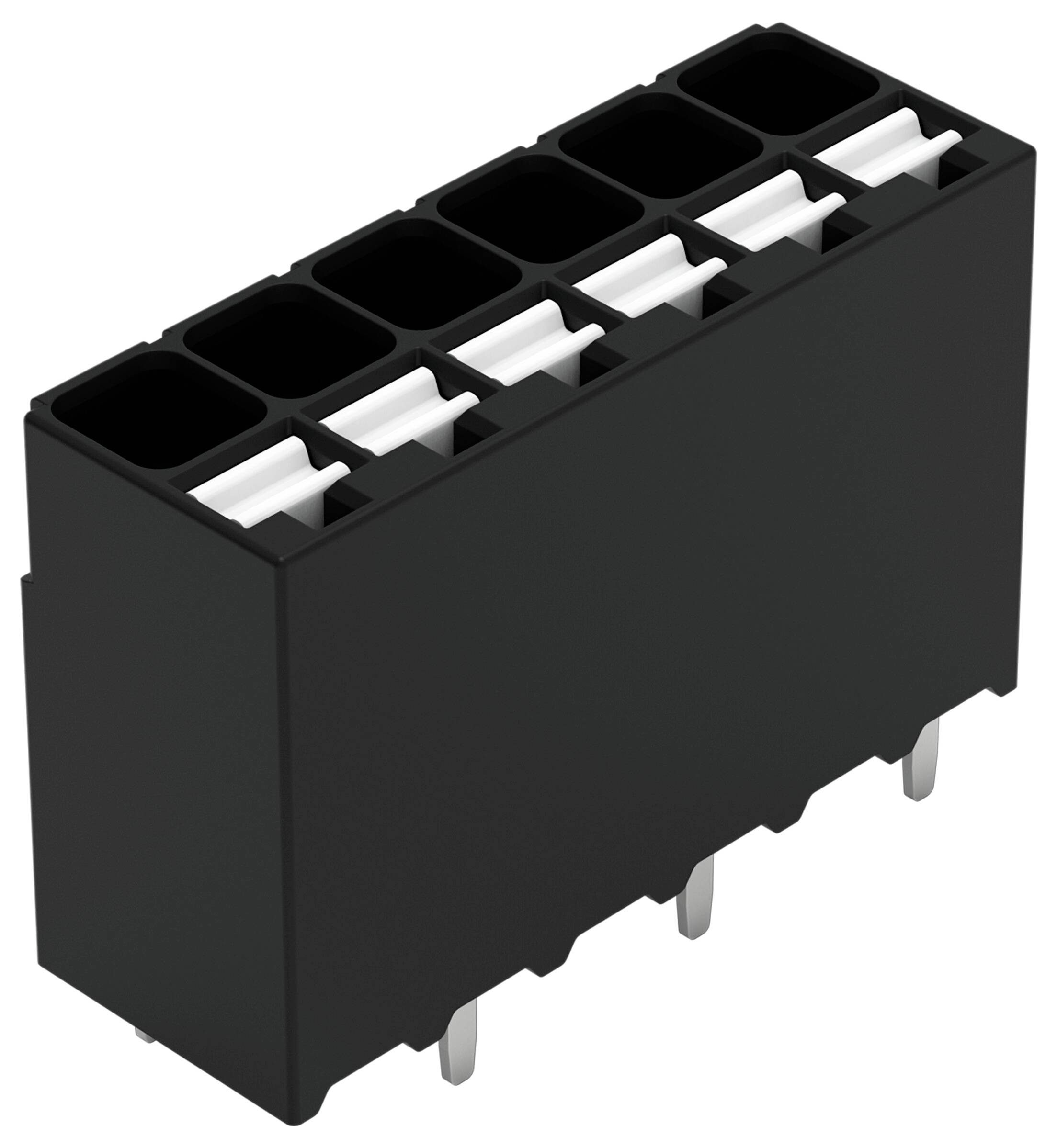 Schwarzer Elektroverbinder mit acht Steckplätzen und Metallstiften an der Unterseite zur Verbindung mit der Leiterplatte.