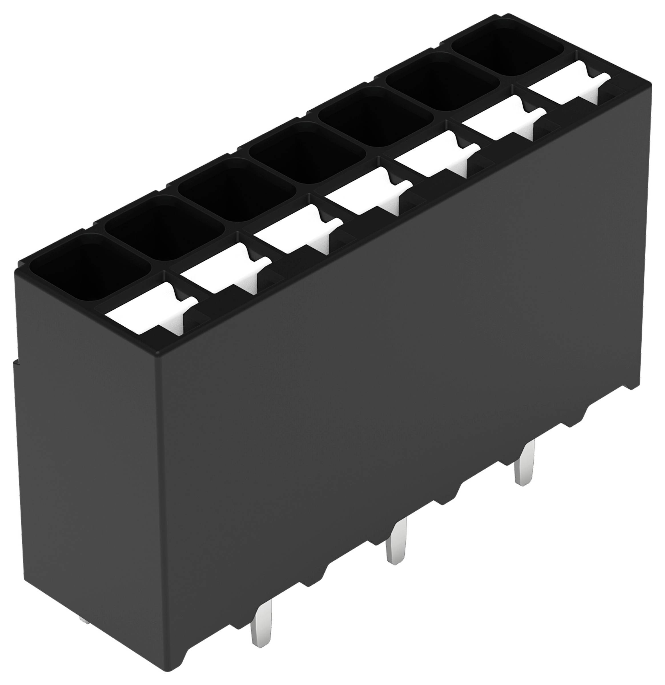 Ein schwarzer 8-poliger Steckerverbinder mit Metallkontakten wird gezeigt, der für die Verwendung auf elektronischen Leiterplatten zur sicheren Verbindung von Komponenten entwickelt wurde.