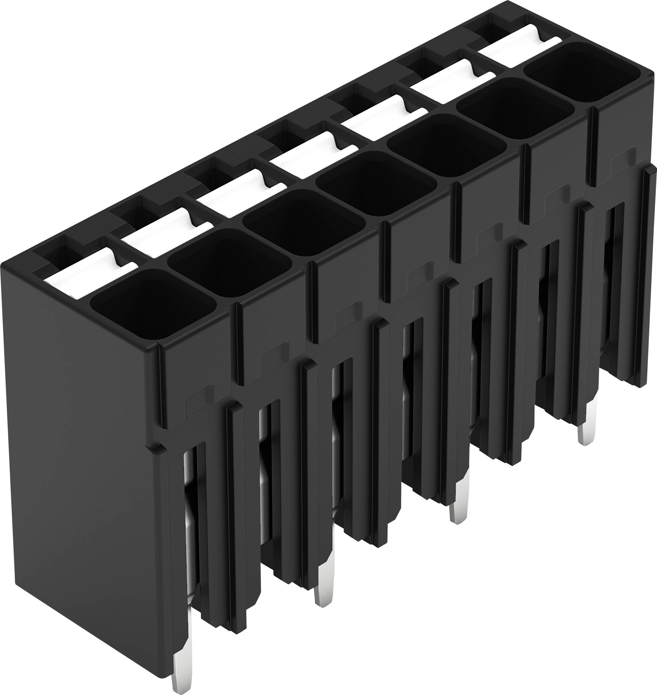 Ein schwarzer elektronischer Stecker mit acht Slots und Metallstiften zur Befestigung an der Leiterplatte.