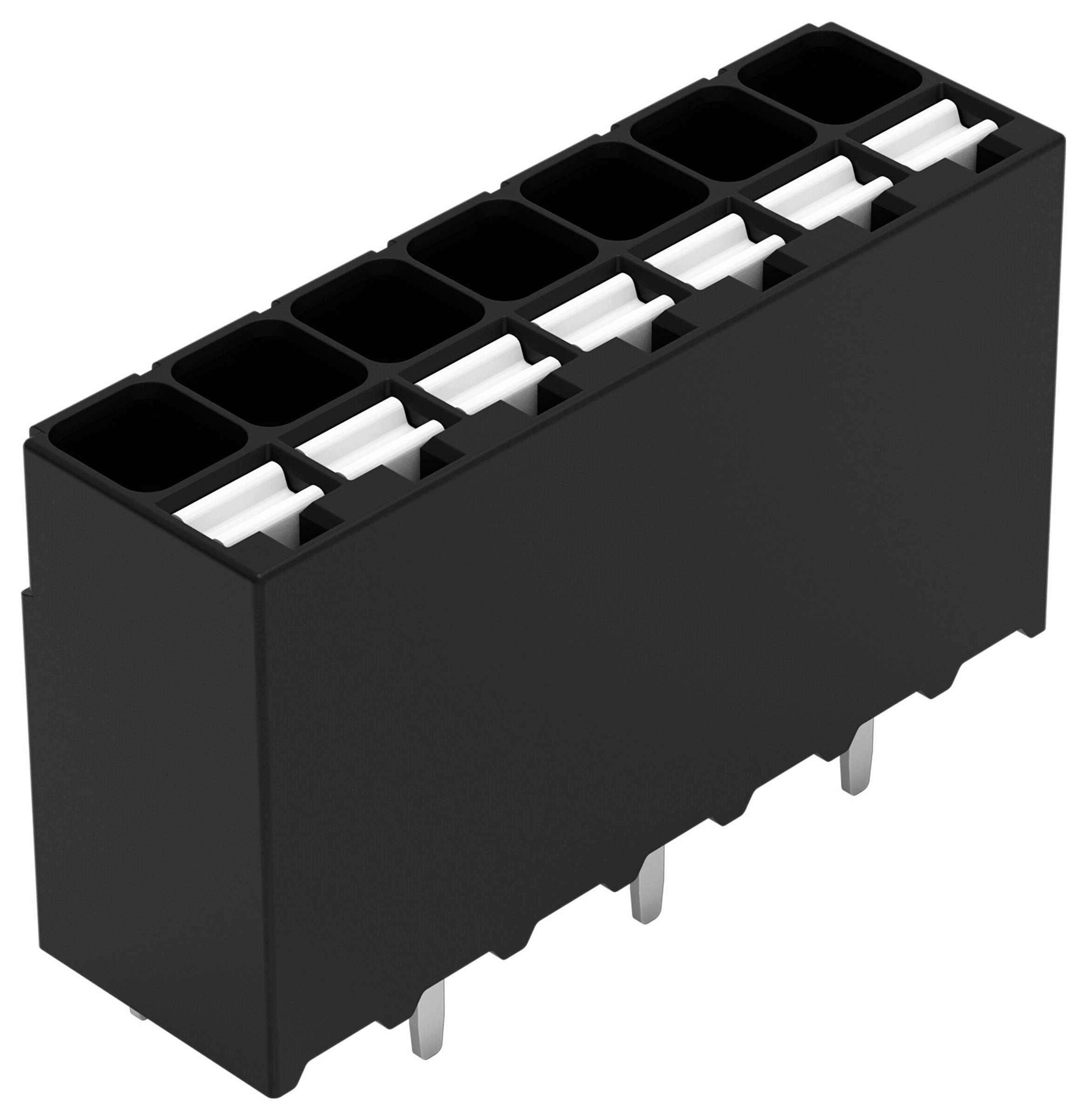 Ein schwarzer rechteckiger elektronischer Stecker mit mehreren Schlitzen und nach unten ragenden Metallstiften, verwendet für Schaltkreisverbindungen.