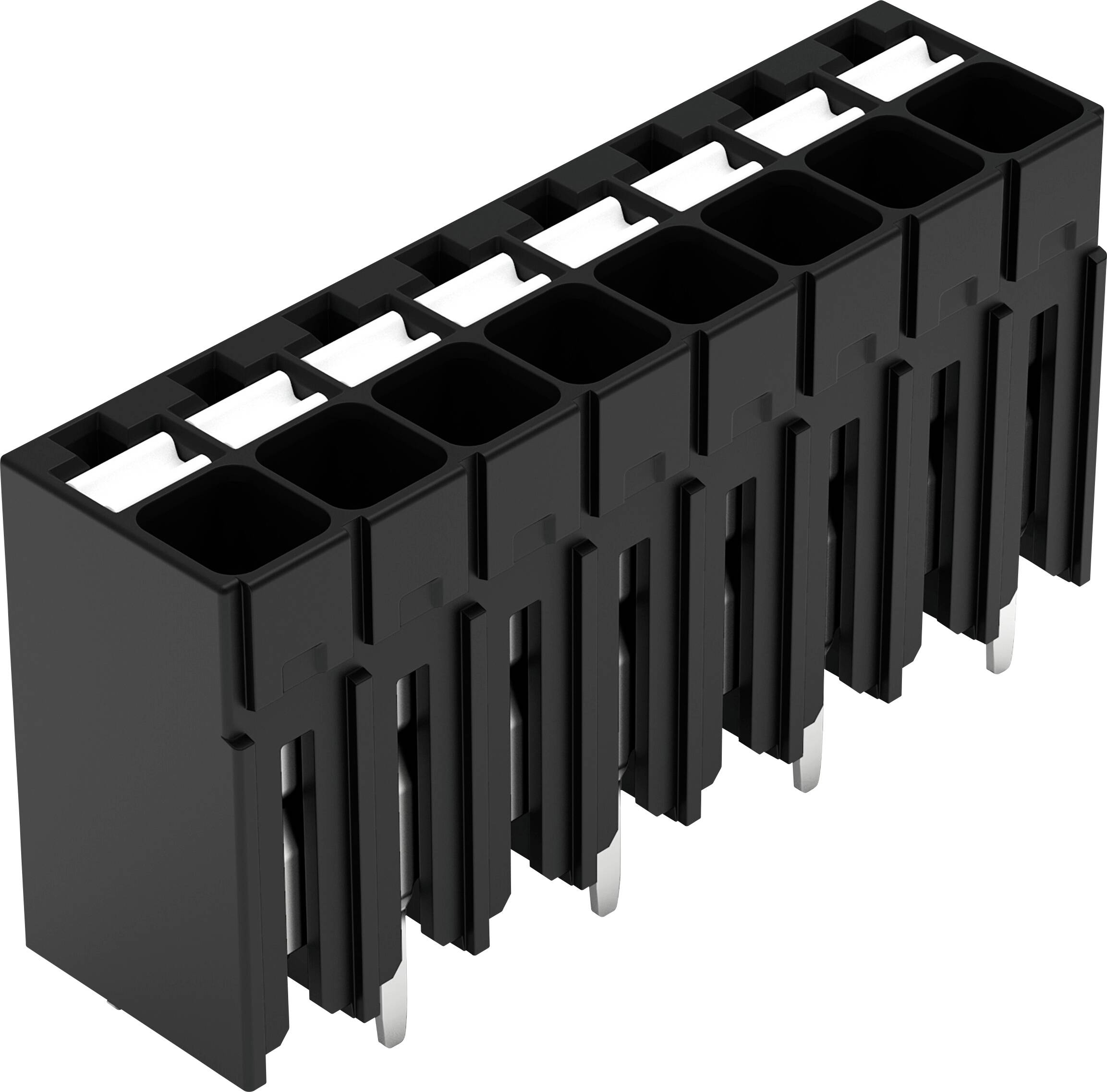 Eine schwarze Reihe von acht elektrischen Steckverbindern mit Metallstiften, die für Leiterplattanschlüsse konstruiert wurden.