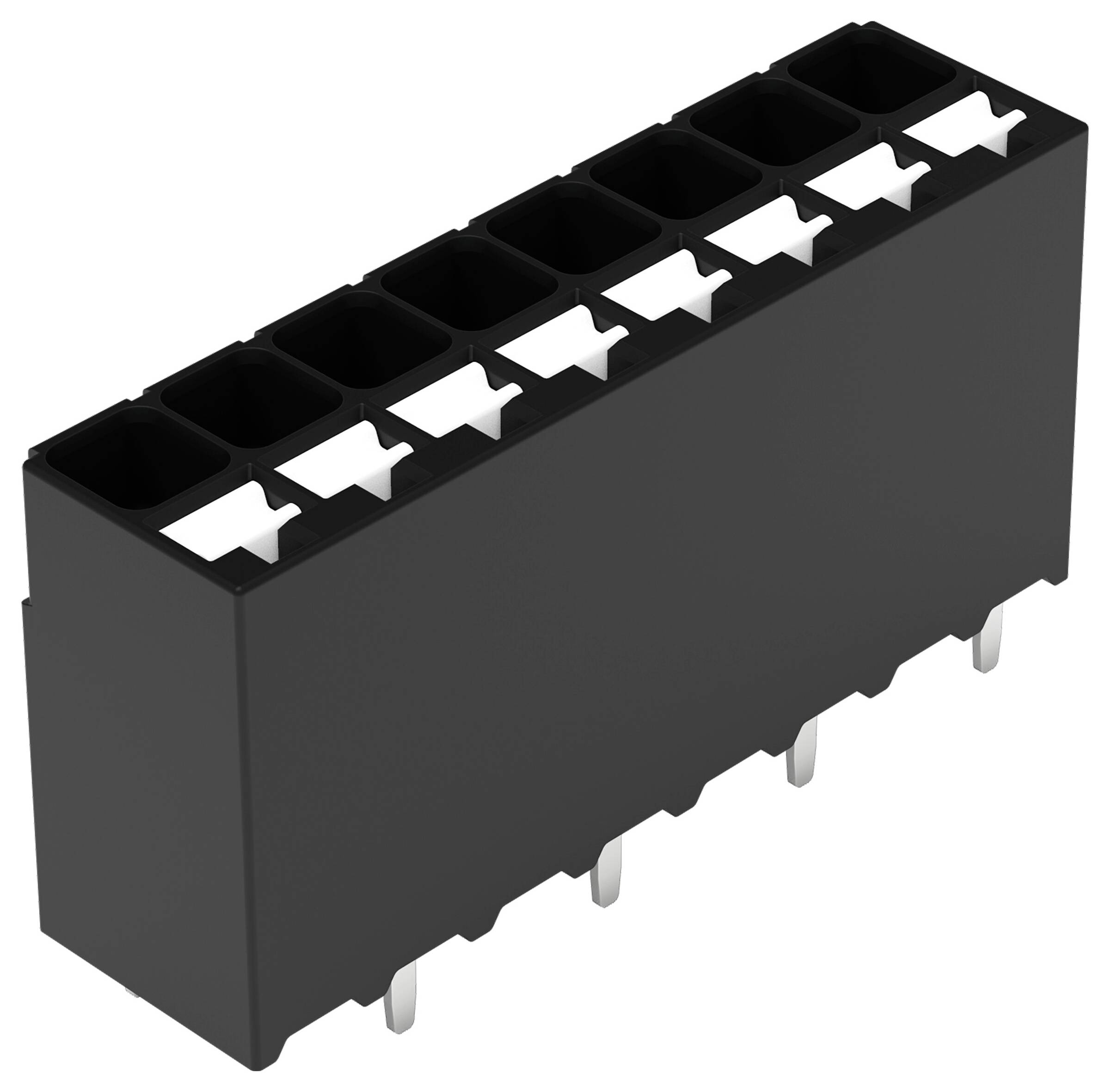 Ein schwarzer rechteckiger Elektrostecker mit mehreren Steckplätzen auf der Oberseite und Metallstiften, die von unten herausragen, wird für Schaltkreisverbindungen verwendet.