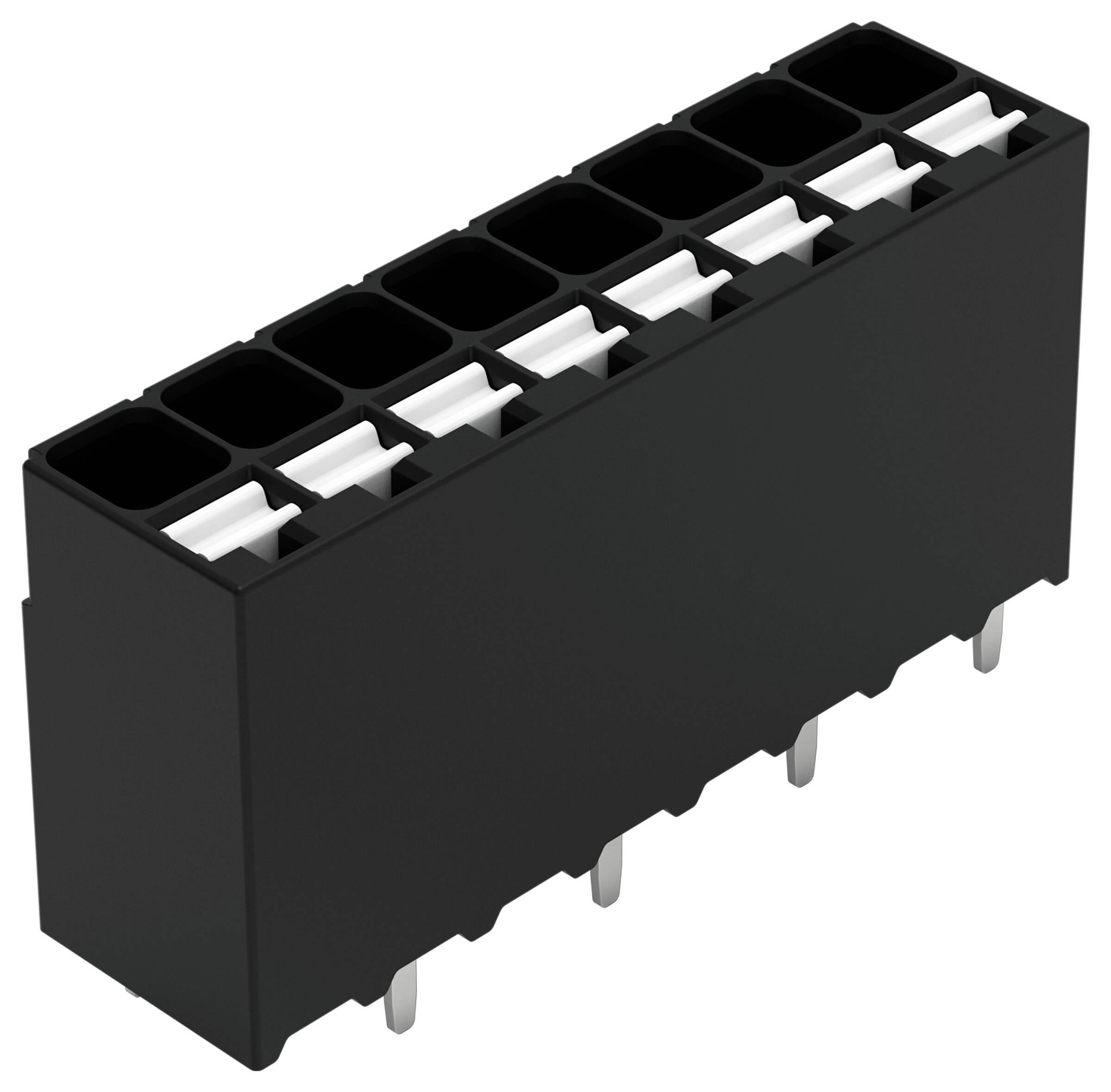 Ein schwarzer 10-poliger Elektrostecker mit rechteckiger Form und Metallstiften.