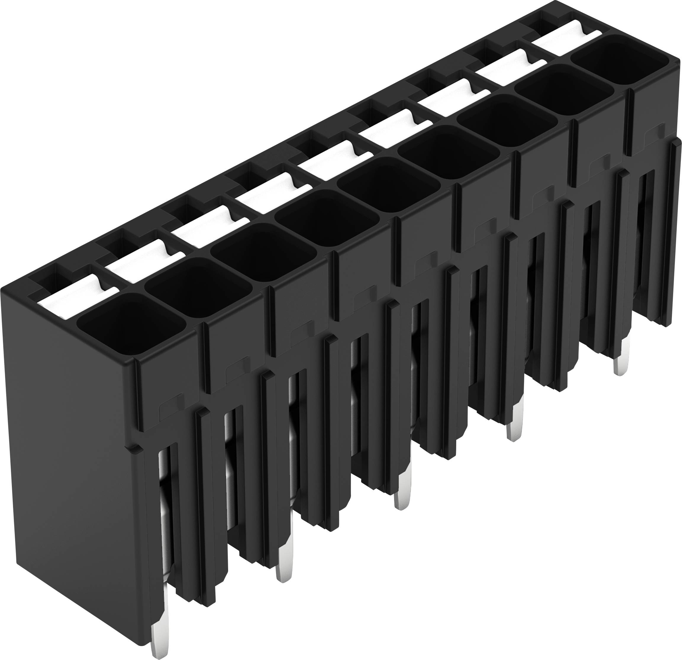 Schwarze Stiftleiste mit zwei Reihen und zehn Pins sowie rechteckigen Schlitzen, verwendet für elektrische Verbindungen auf Leiterplatten.