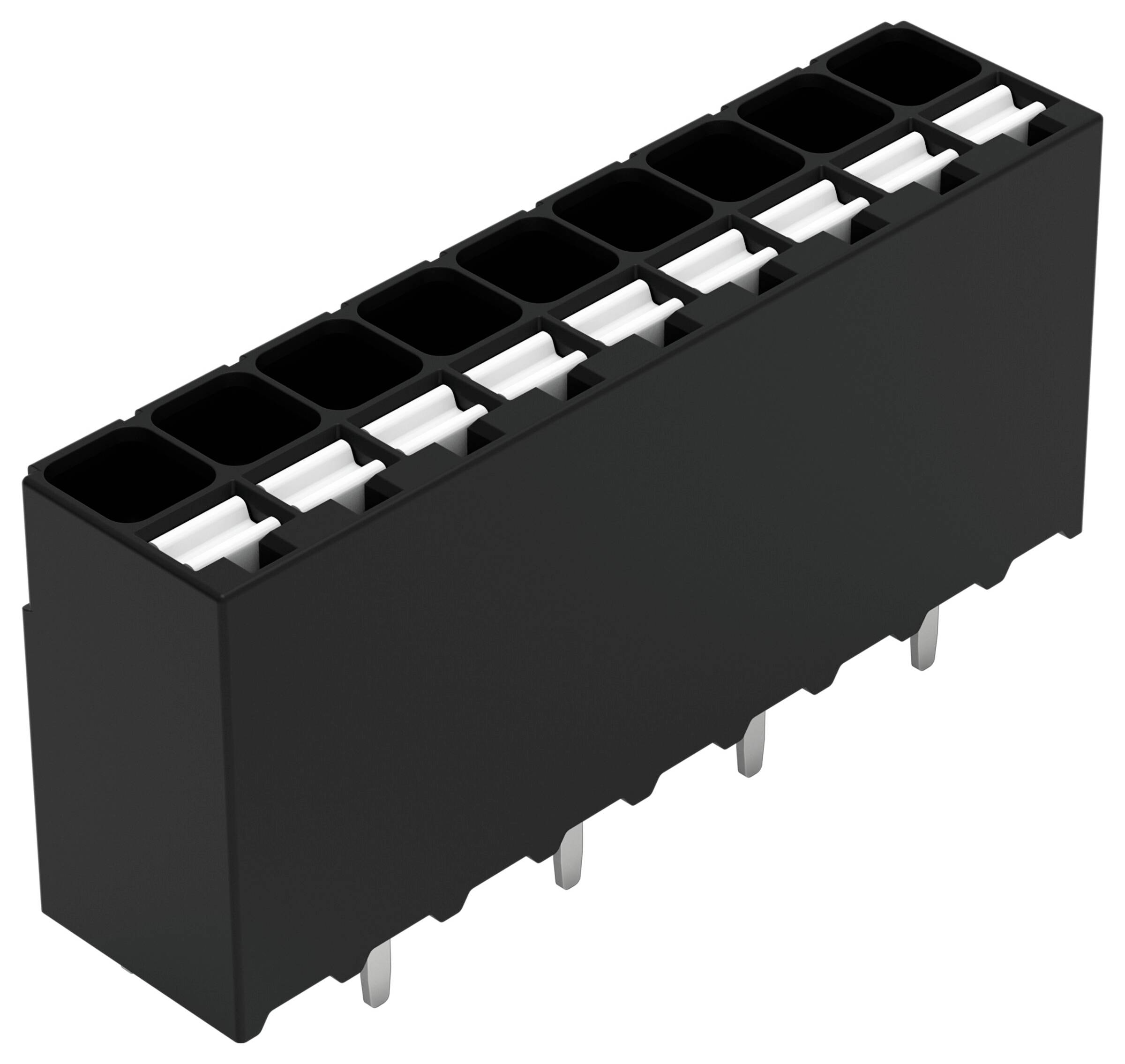 Eine 3D-Darstellung eines beigefarbenen Elektroklemmenblocks mit sechs orangefarbenen Hebeln oben, entwickelt zum Fixieren von Drähten in elektrischen Verbindungen.