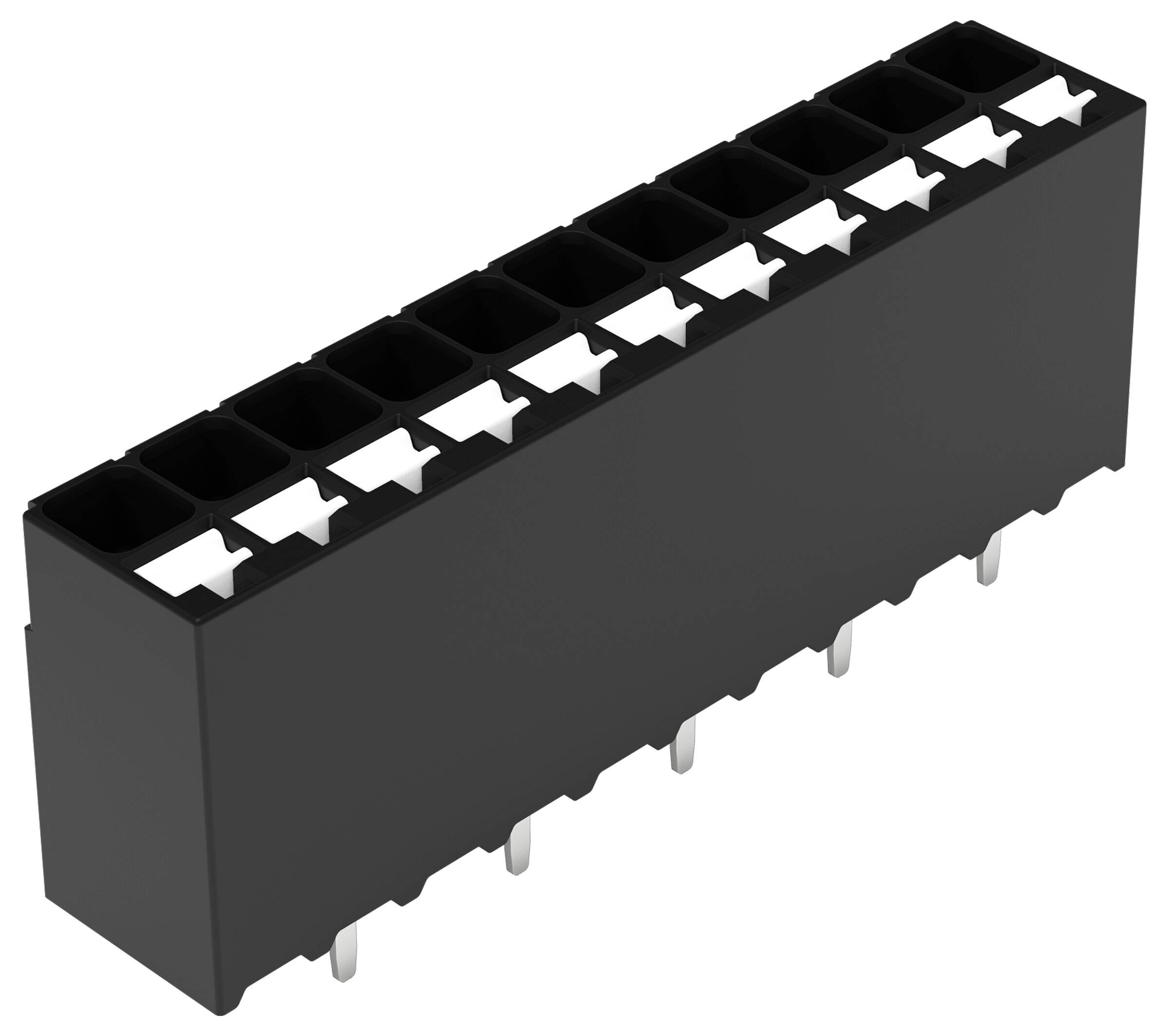 Ein schwarzer 10-poliger weiblicher Steckerverbinder mit einer Reihe von Metallstiften, der für Verbindungen auf elektronischen Leiterplatten verwendet wird.