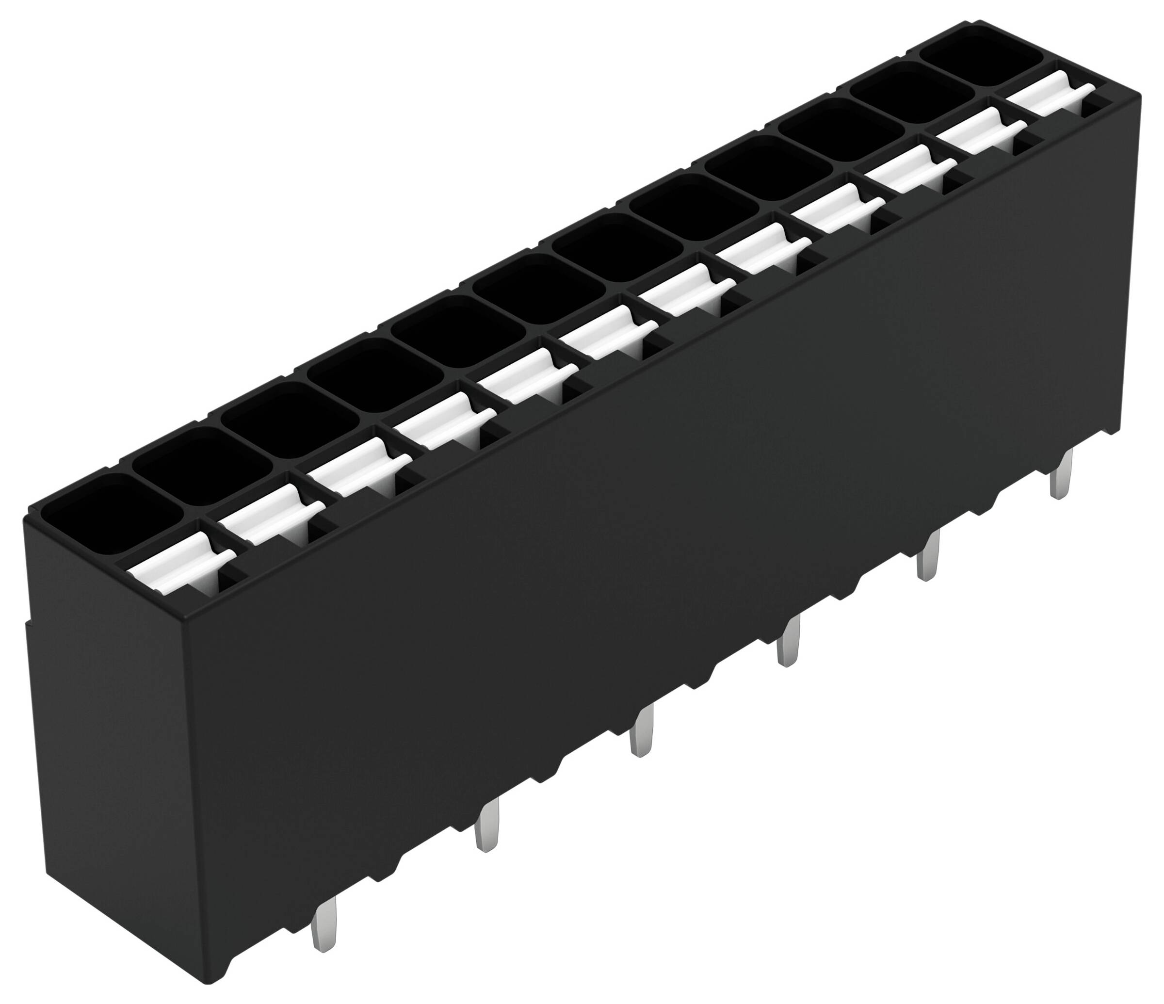 Eine kleine graue elektrische Komponente mit zwei Metallstiften, wahrscheinlich ein Stecker oder Klemmblock, der zum Befestigen von Elektrokabeln verwendet wird.
