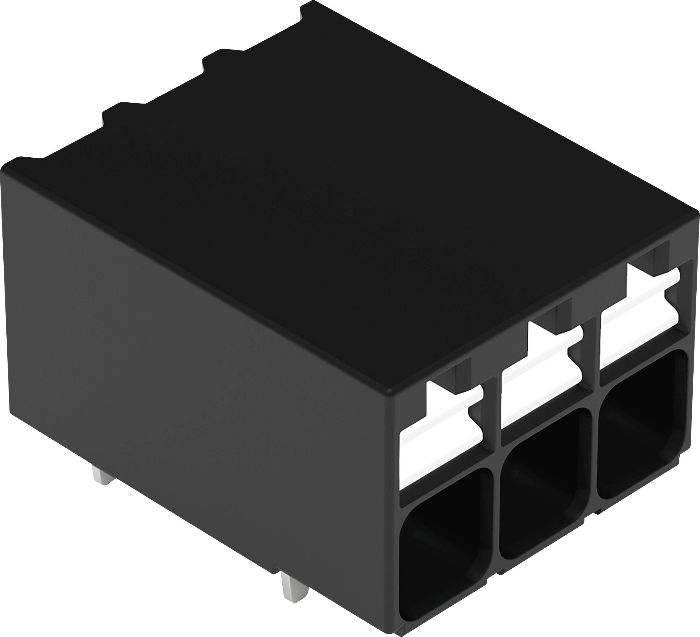 Ein schwarzer rechteckiger elektronischer Stecker mit sechs Terminalöffnungen und zwei vorstehenden Stiften auf der Unterseite.