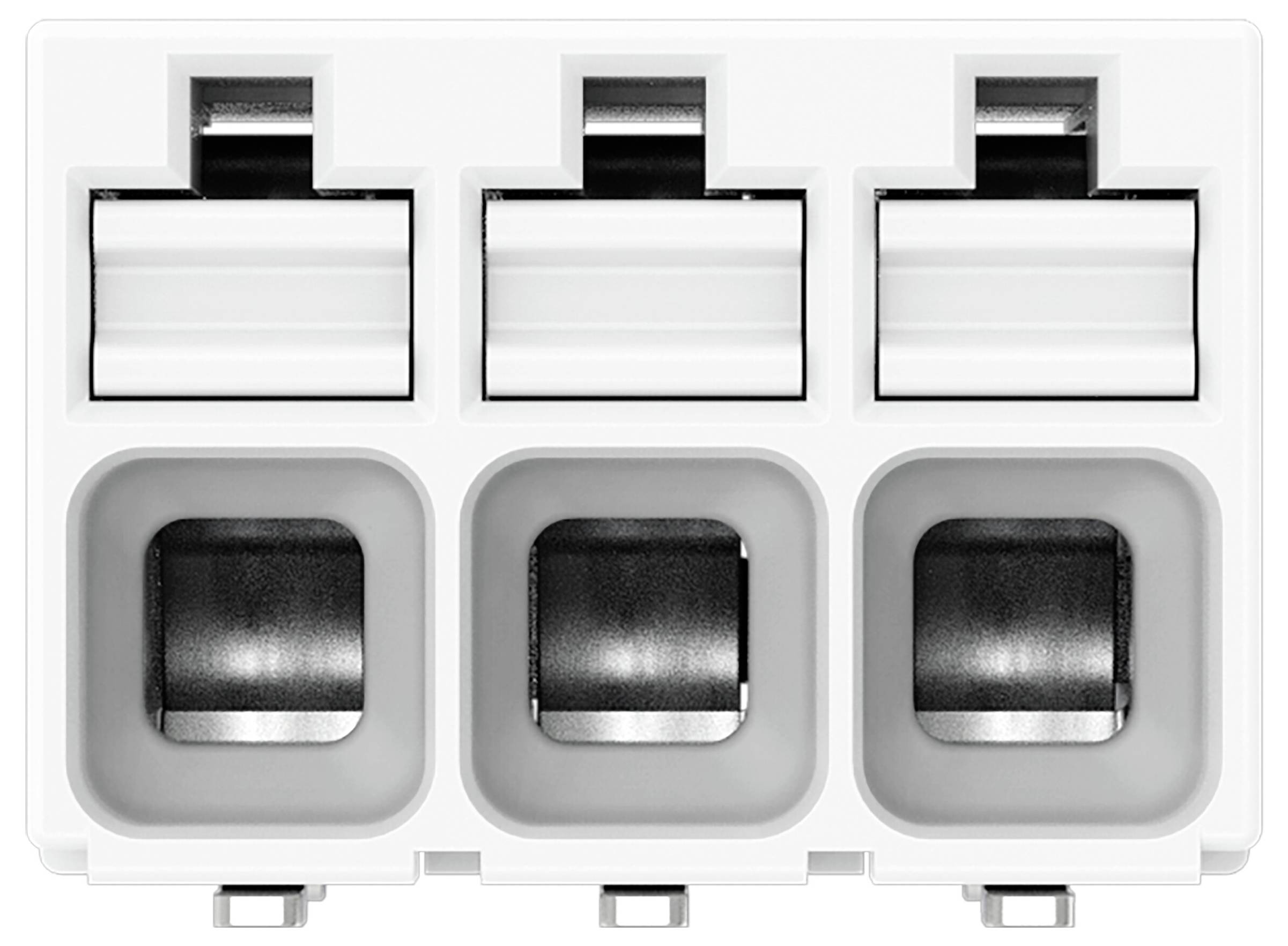 Drei Kunststoffbehälter mit Metallklammern im Inneren, in einer Reihe angeordnet, wahrscheinlich zur Sicherung von elektrischen Verbindungen verwendet.