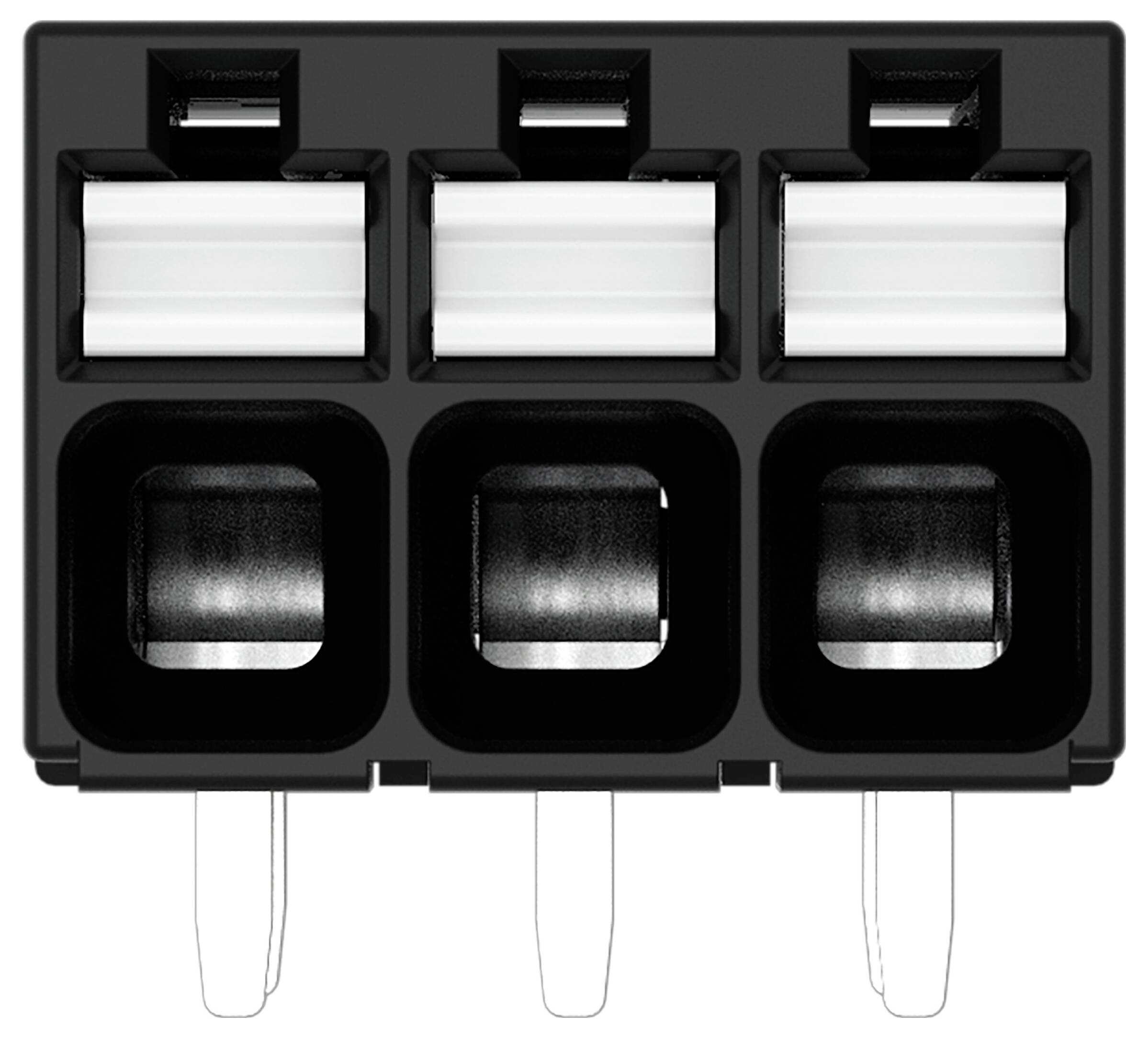 Ein schwarzer elektrischer Stecker mit drei weißen Verriegelungsmechanismen und entsprechenden Schlitzen zum Anschließen von Drähten.