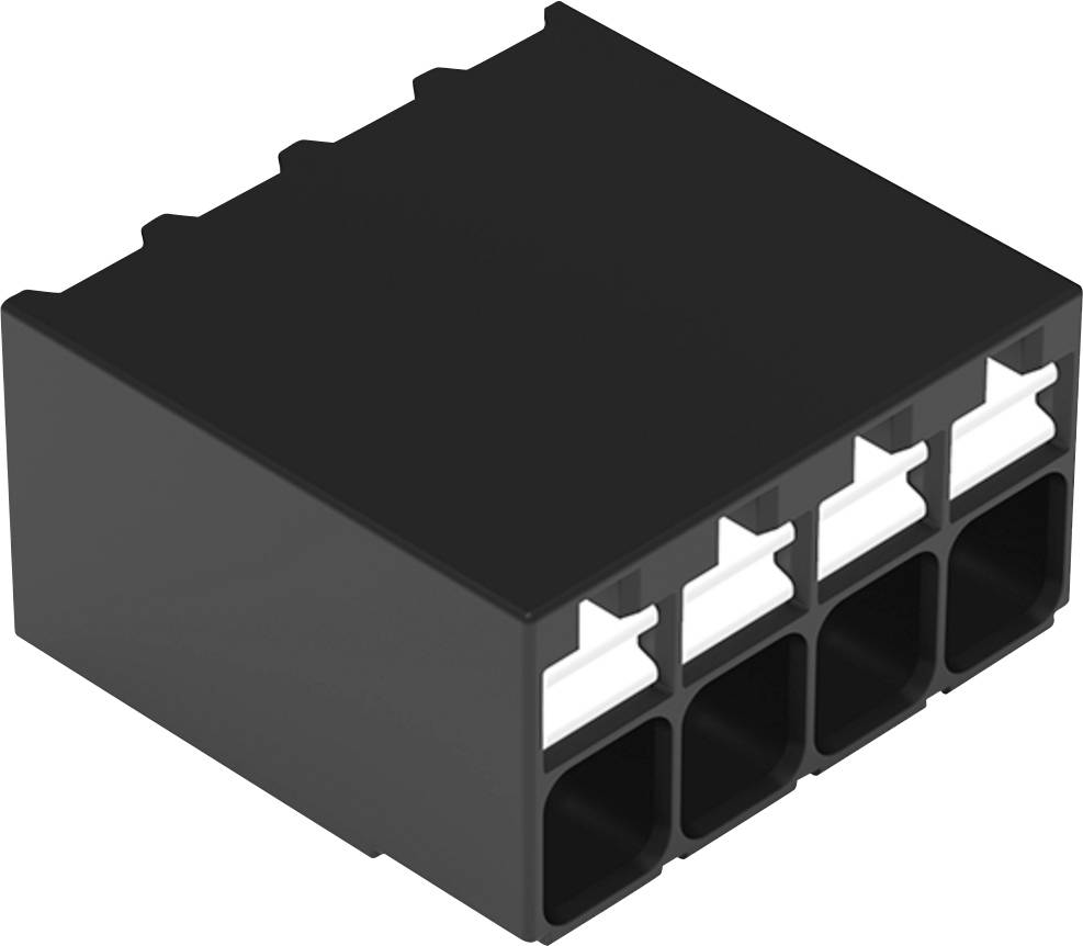 Schwarzer rechteckiger elektronischer Stecker mit vier quadratischen Öffnungen und weißen Klammern oben, von schräg oben fotografiert.