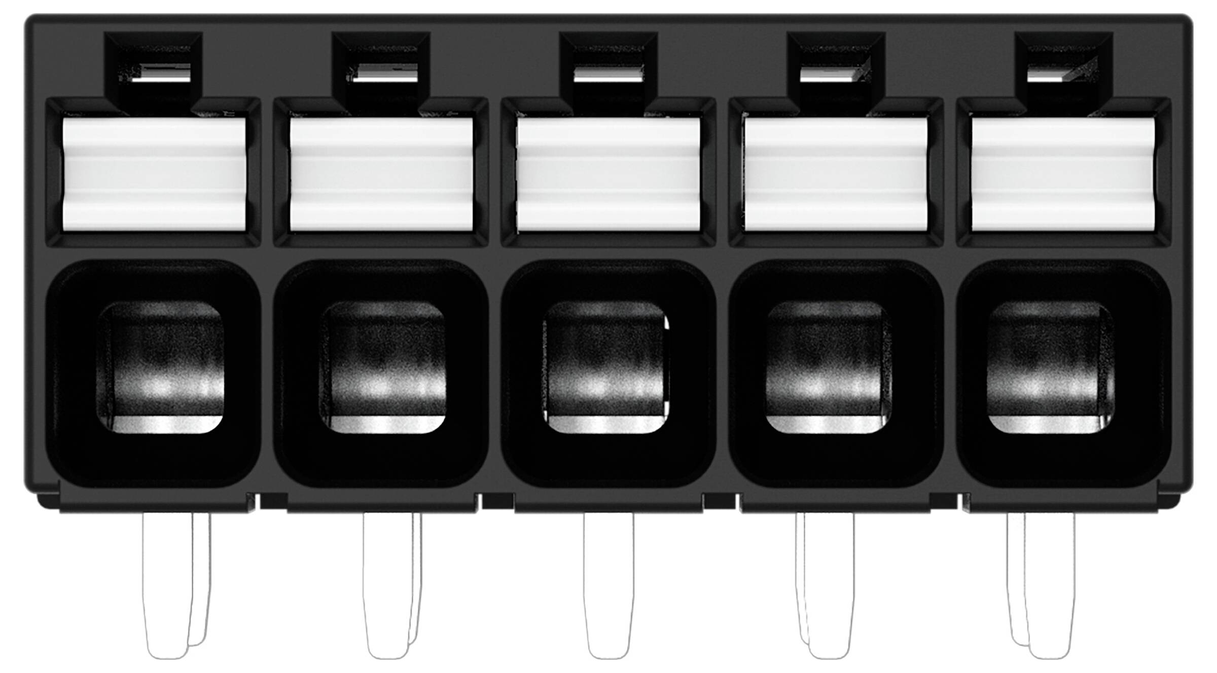 Ein dreipoliger modularer Steckverbinder mit federbelasteten Kontakten, geeignet für elektrische Verbindungen in Schaltungsaufbauten.