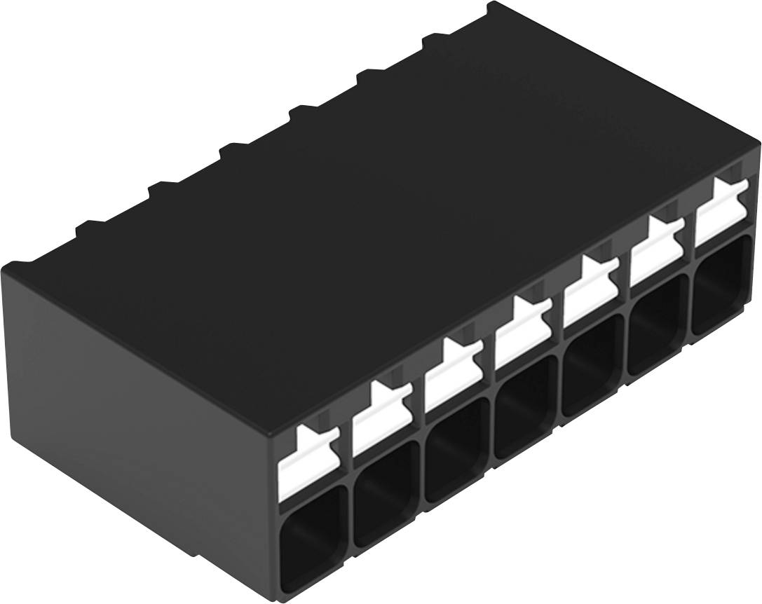 Ein schwarzer 10-poliger rechteckiger elektrischer Stecker mit weißen inneren Befestigungsklammern, verwendet für sichere Verbindungen in elektronischen Geräten.
